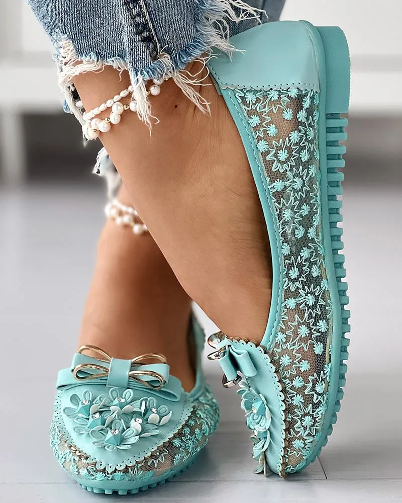 Floral Embroidery Bowknot Decor Work Loafers