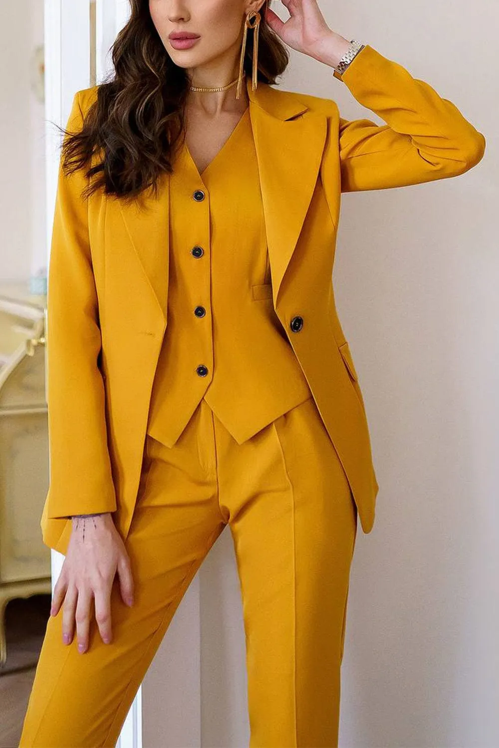 Gold 3 Piece Single Buttons Slim Fit Women Suit (Blazer Vest Pants)