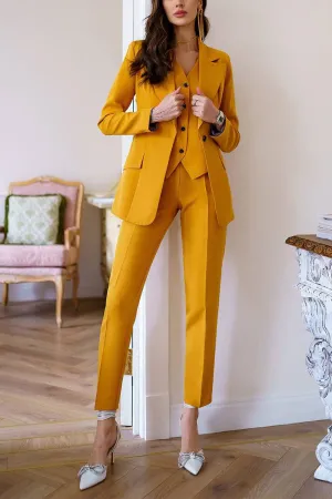 Gold 3 Piece Single Buttons Slim Fit Women Suit (Blazer Vest Pants)