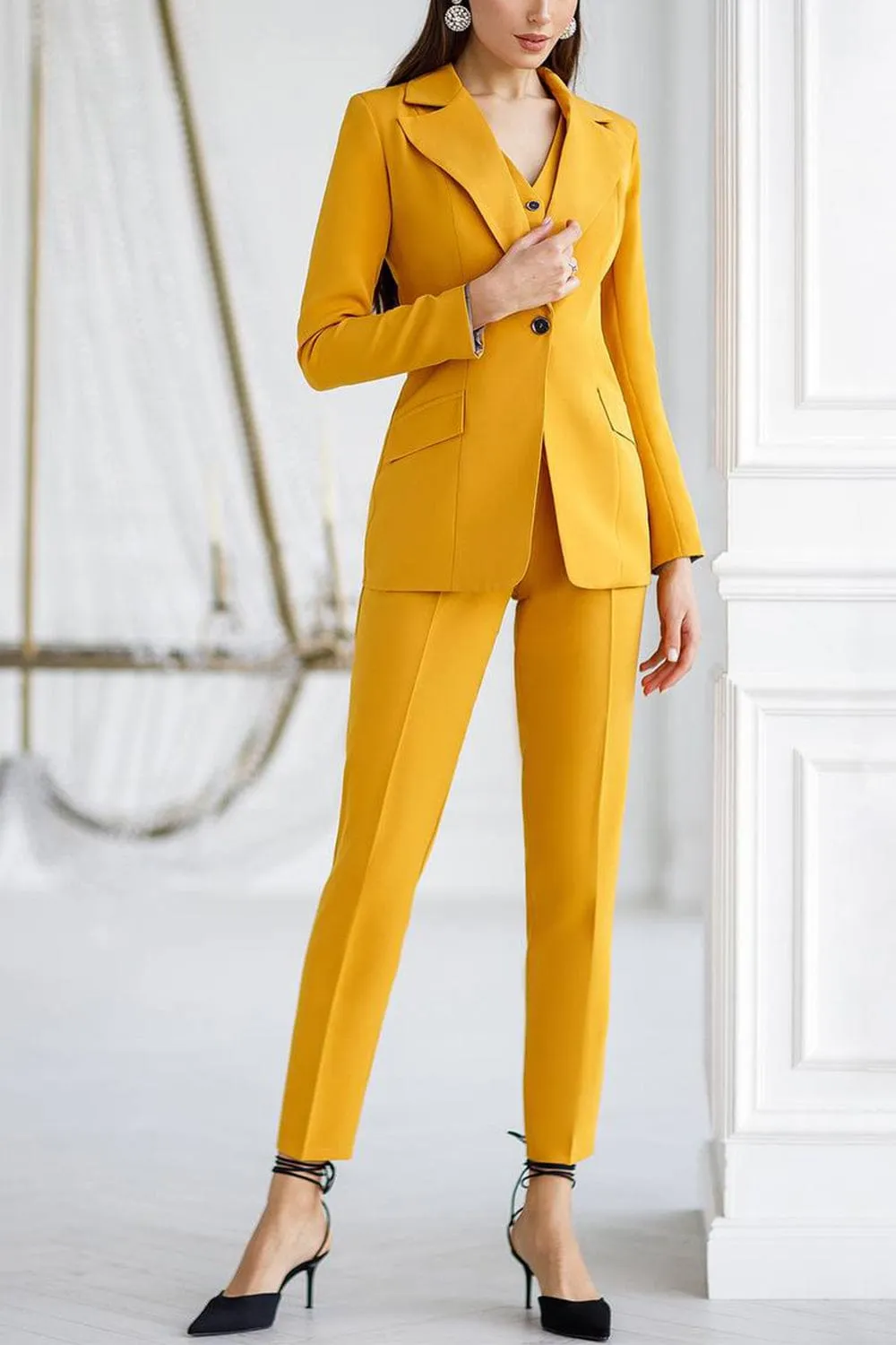 Gold 3 Piece Single Buttons Slim Fit Women Suit (Blazer Vest Pants)