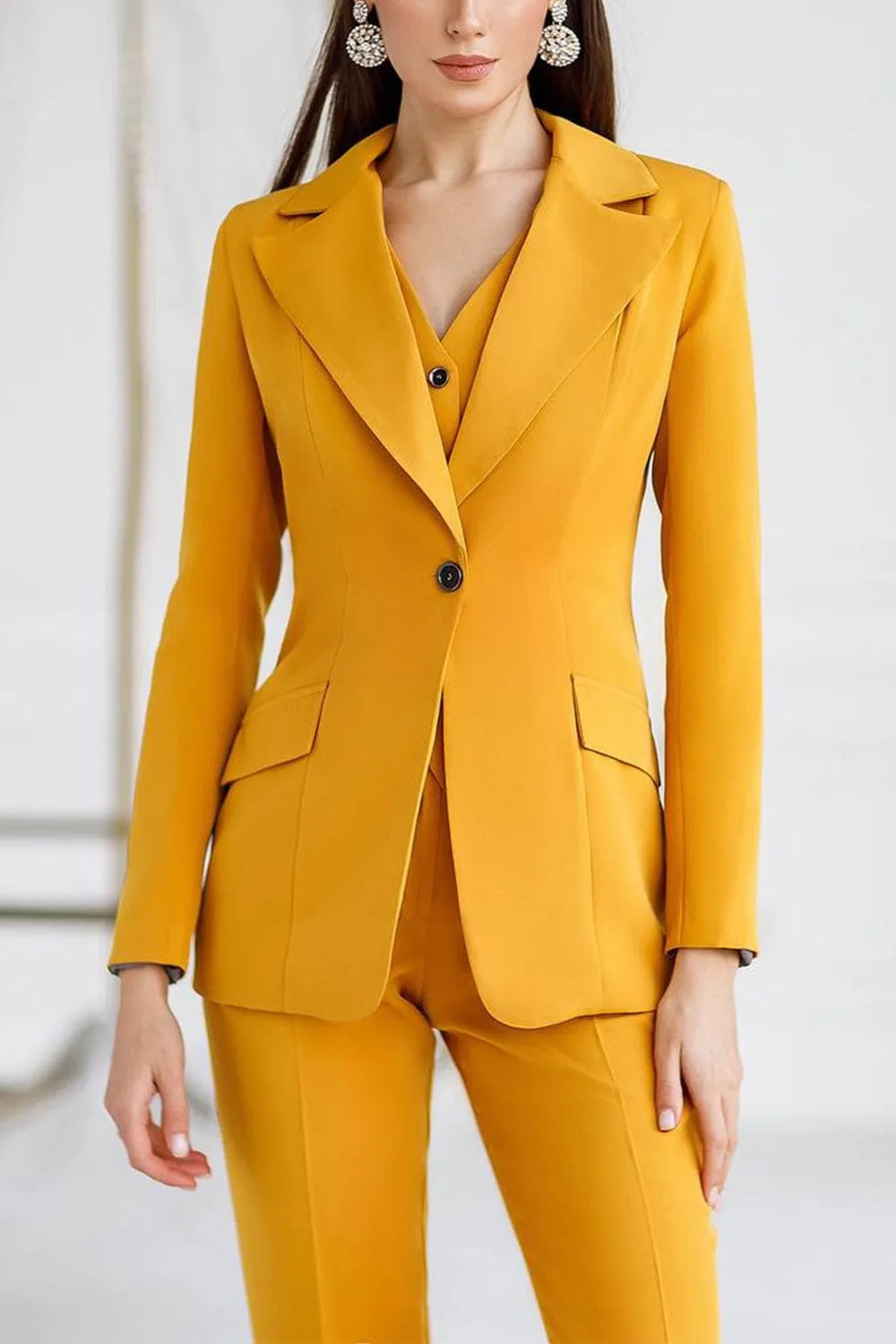 Gold 3 Piece Single Buttons Slim Fit Women Suit (Blazer Vest Pants)