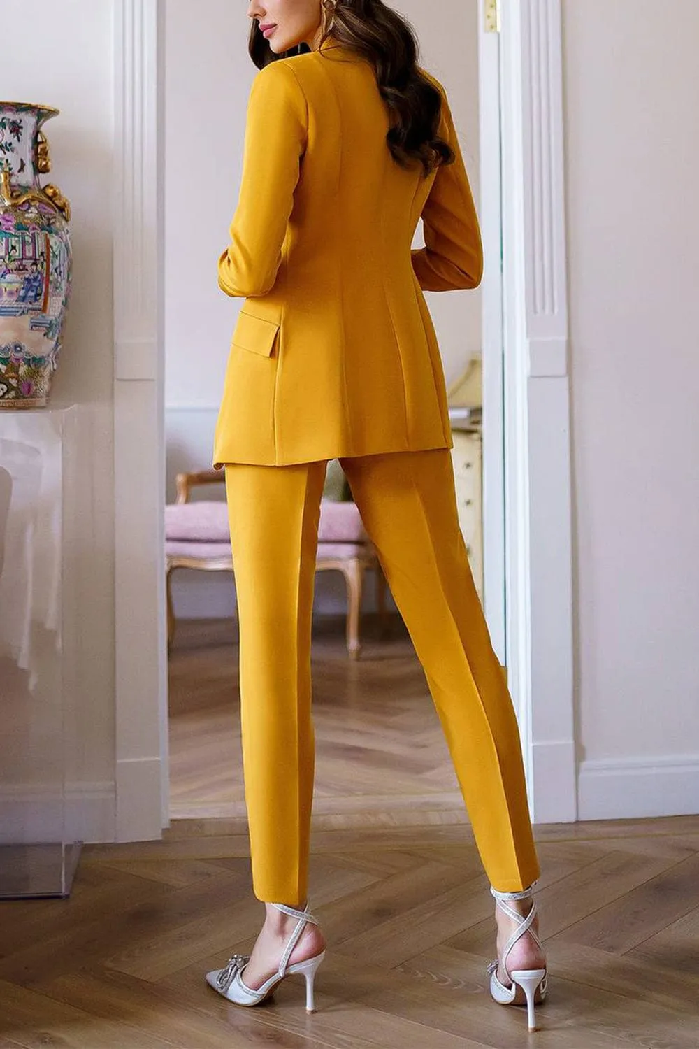 Gold 3 Piece Single Buttons Slim Fit Women Suit (Blazer Vest Pants)