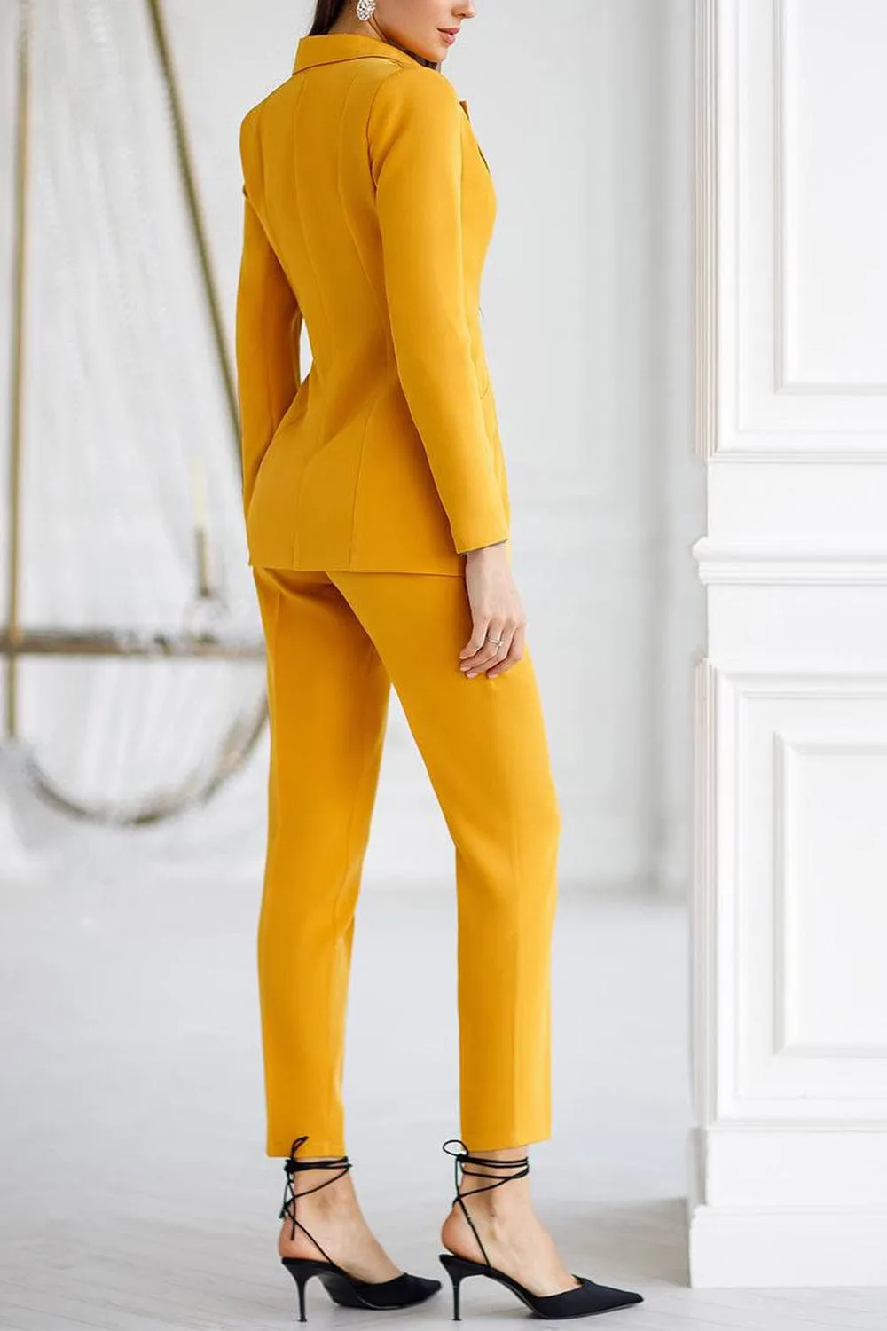 Gold 3 Piece Single Buttons Slim Fit Women Suit (Blazer Vest Pants)