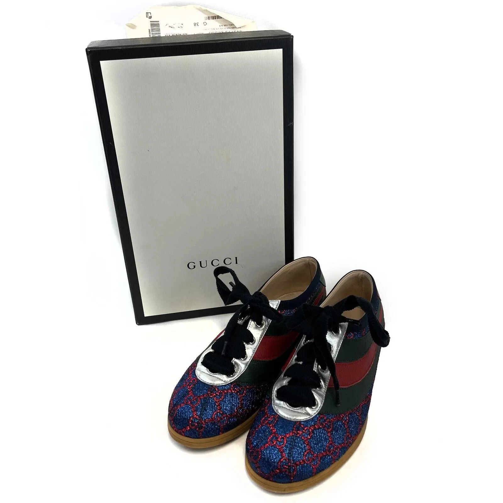 Gucci - Womens Multicolor Lace Up Lurex Fabric Leather Web Low Top Sneakers US 8