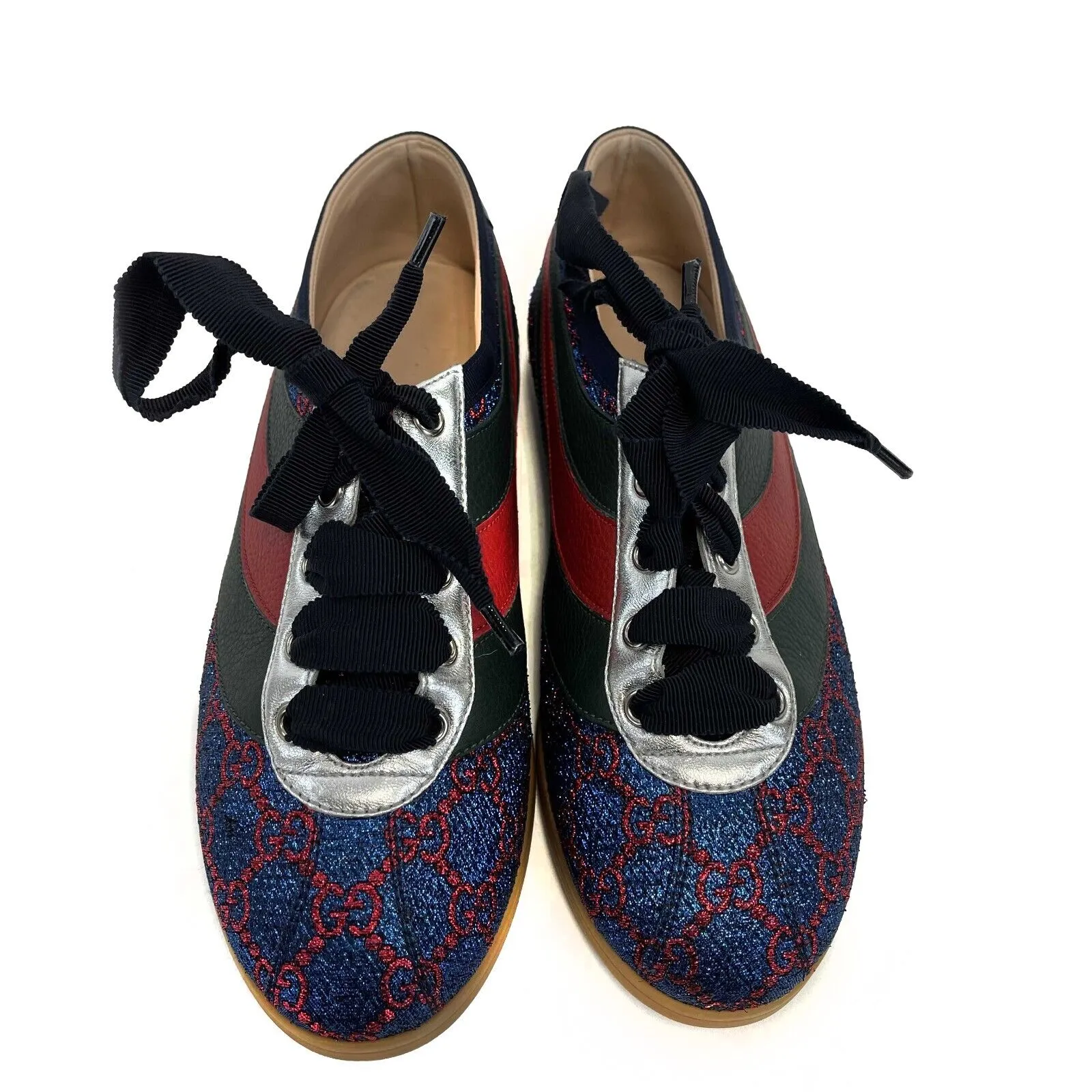 Gucci - Womens Multicolor Lace Up Lurex Fabric Leather Web Low Top Sneakers US 8