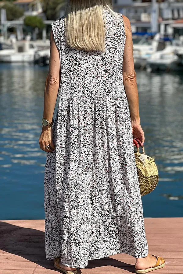 Irregular dot ink pattern v-neck sleeveless comfortable dress