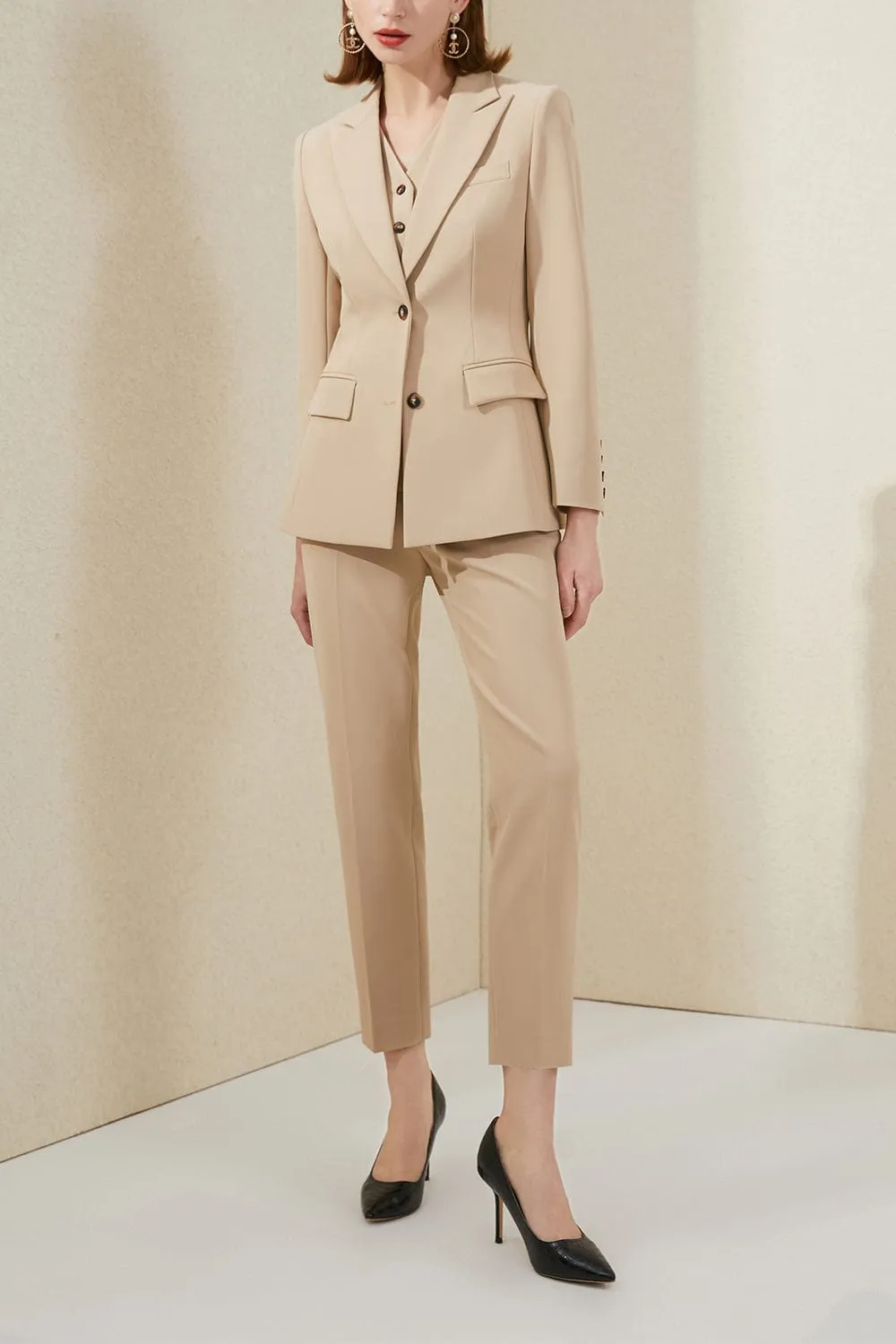Khaki 3 Piece Double Button Peak Lapel Slim Fit Women Suit (Blazer Vest Pants)