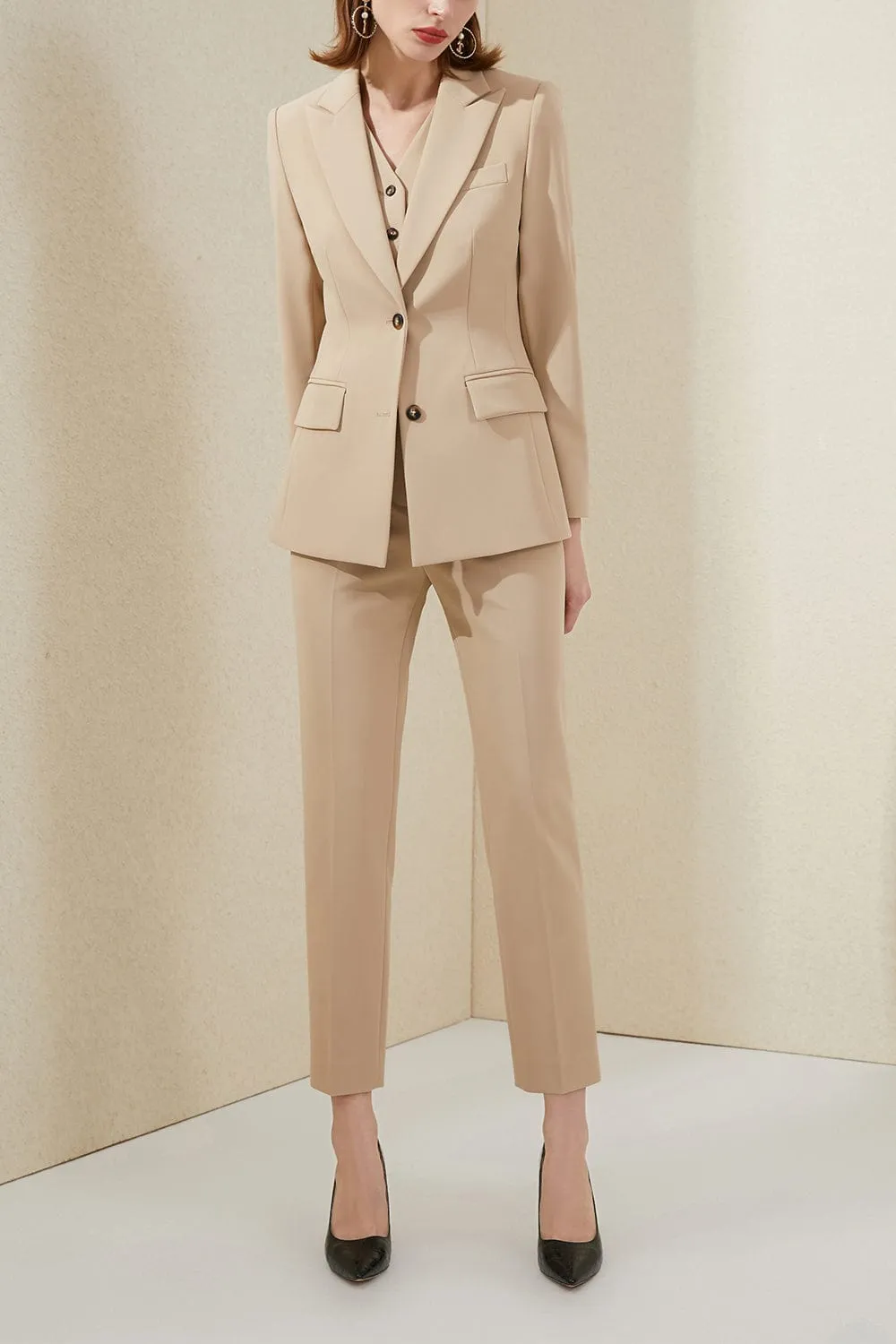 Khaki 3 Piece Double Button Peak Lapel Slim Fit Women Suit (Blazer Vest Pants)