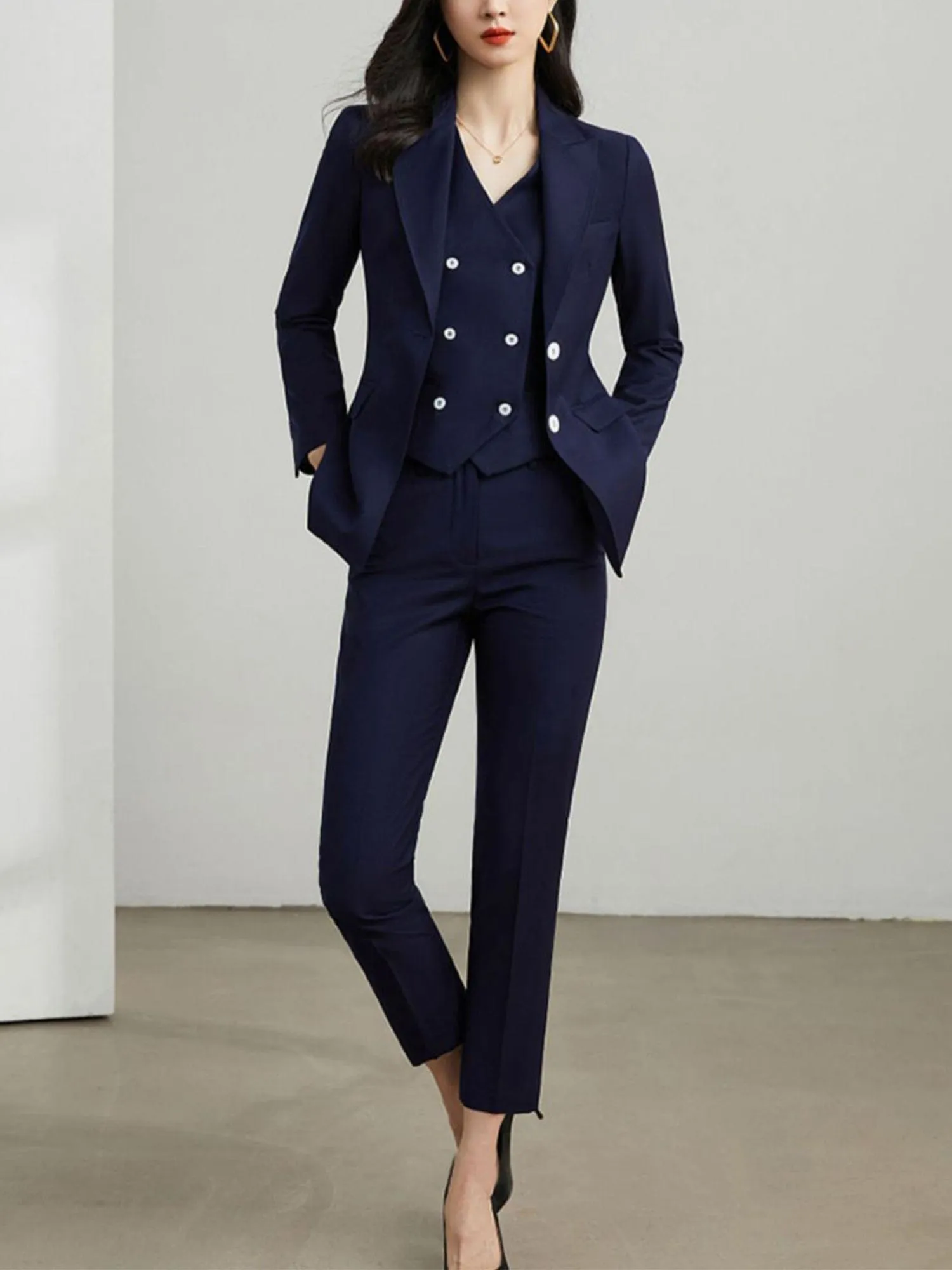 Khaki 3 Piece Elegant Tuxedo Double Buttons Peak Lapel Slim Fit Women Suit (Blazer Vest Pants)