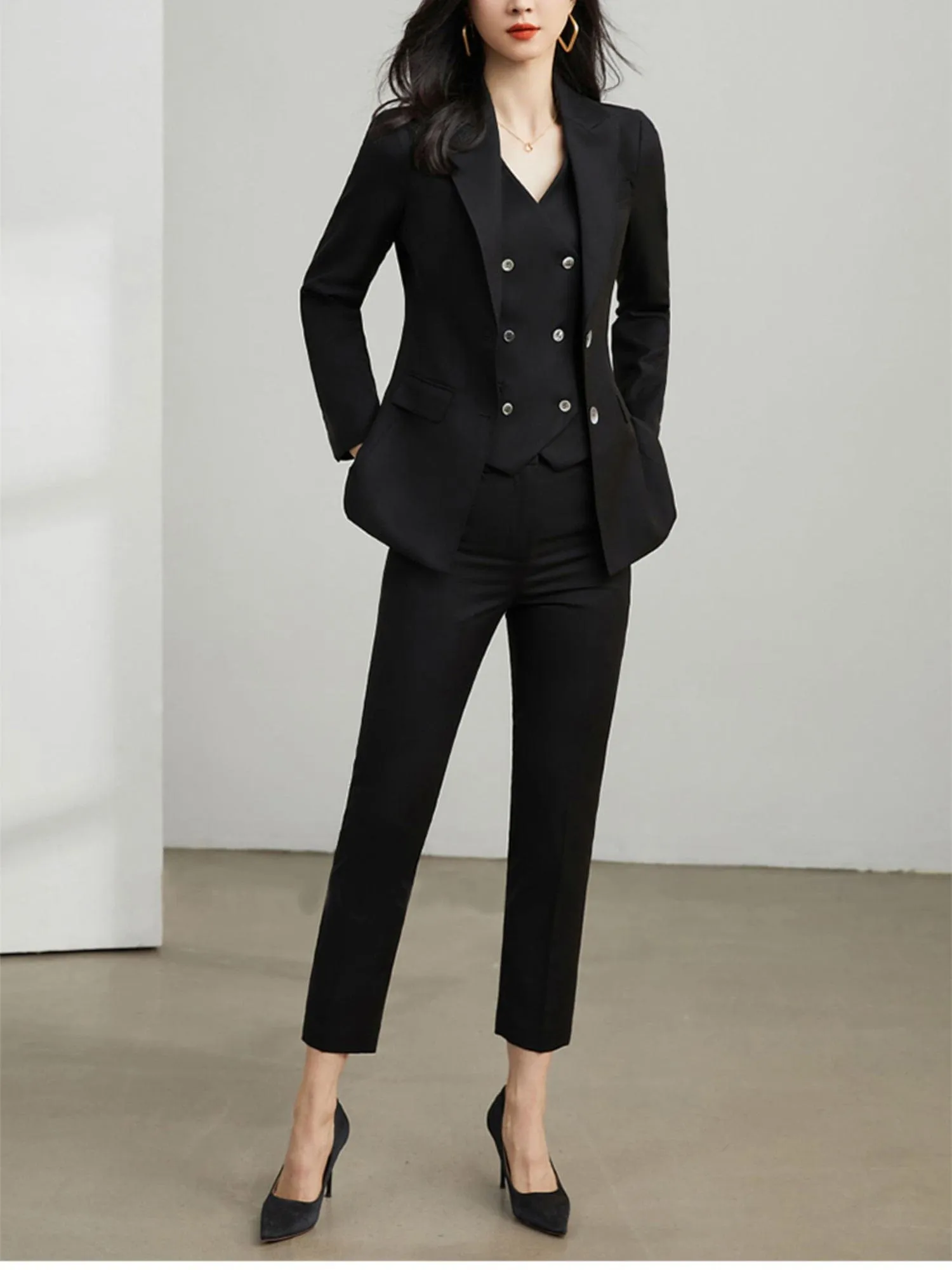 Khaki 3 Piece Elegant Tuxedo Double Buttons Peak Lapel Slim Fit Women Suit (Blazer Vest Pants)