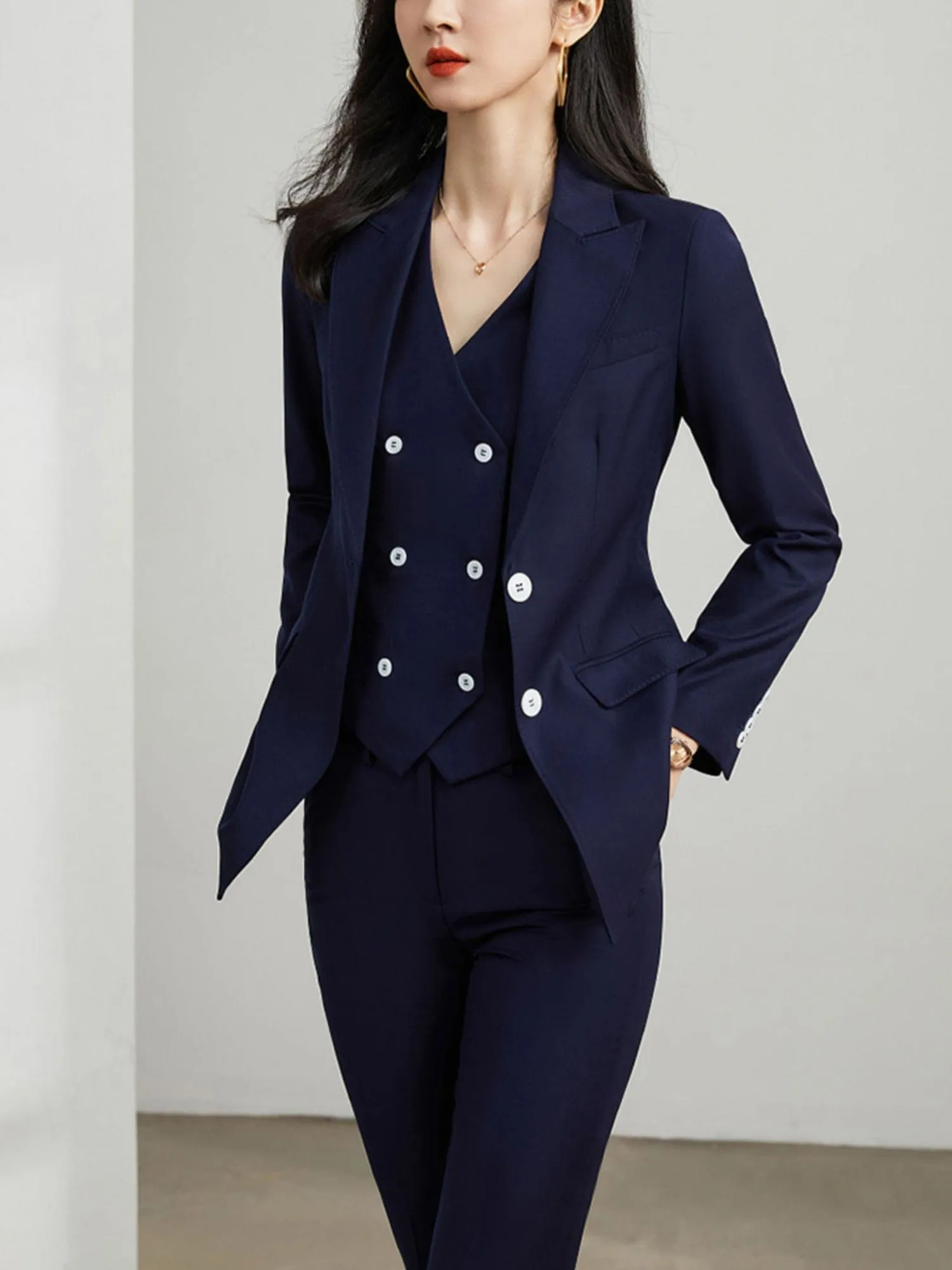 Khaki 3 Piece Elegant Tuxedo Double Buttons Peak Lapel Slim Fit Women Suit (Blazer Vest Pants)