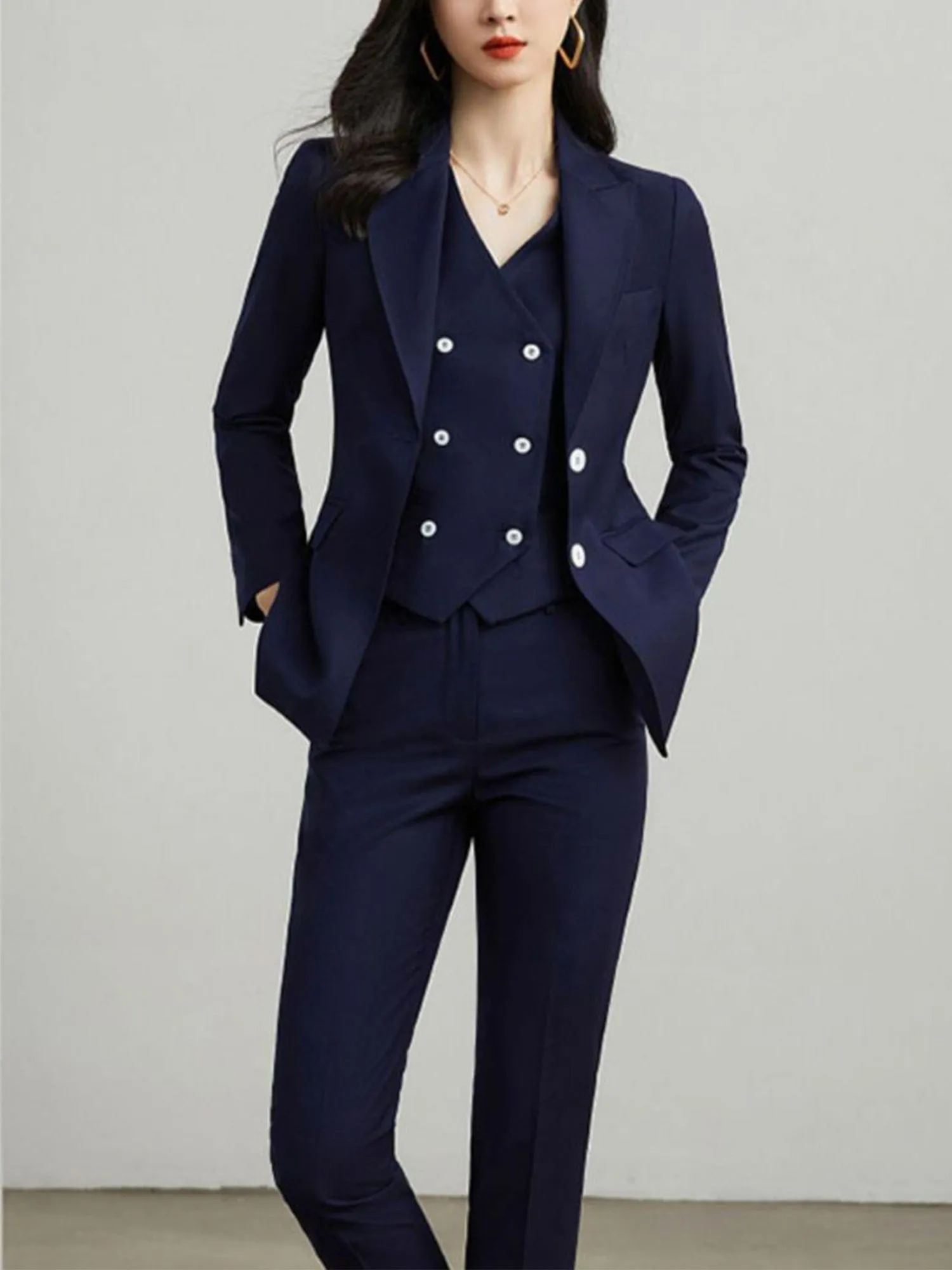 Khaki 3 Piece Elegant Tuxedo Double Buttons Peak Lapel Slim Fit Women Suit (Blazer Vest Pants)