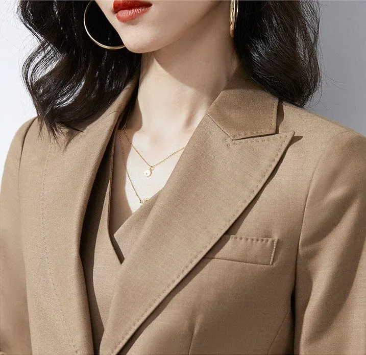 Khaki 3 Piece Elegant Tuxedo Double Buttons Peak Lapel Slim Fit Women Suit (Blazer Vest Pants)