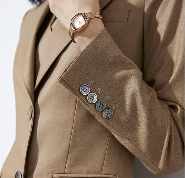 Khaki 3 Piece Elegant Tuxedo Double Buttons Peak Lapel Slim Fit Women Suit (Blazer Vest Pants)