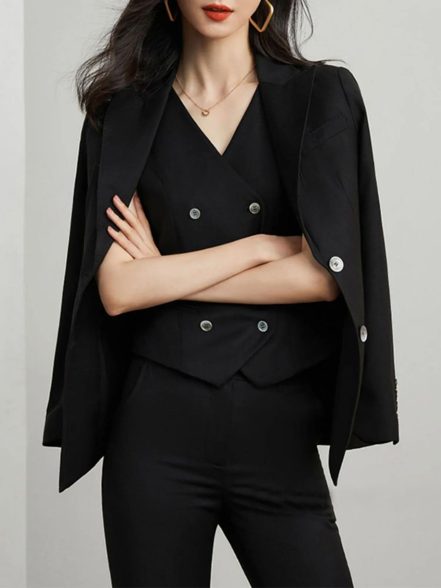 Khaki 3 Piece Elegant Tuxedo Double Buttons Peak Lapel Slim Fit Women Suit (Blazer Vest Pants)