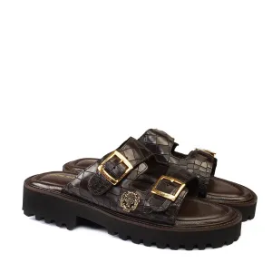 Lug Sole Slide-in Slippers Dark Brown Cut Croco Textured Leather