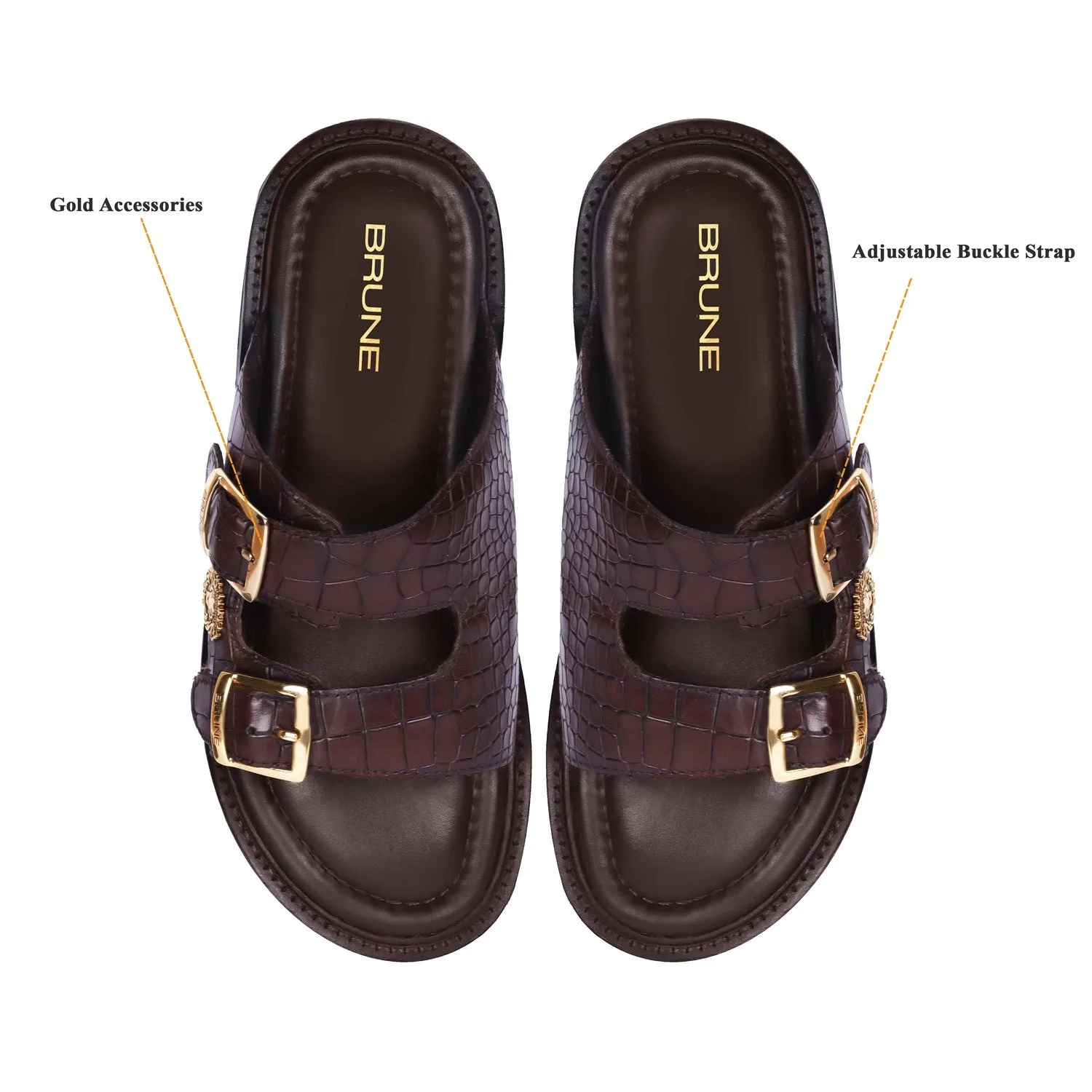 Lug Sole Slide-in Slippers Dark Brown Cut Croco Textured Leather