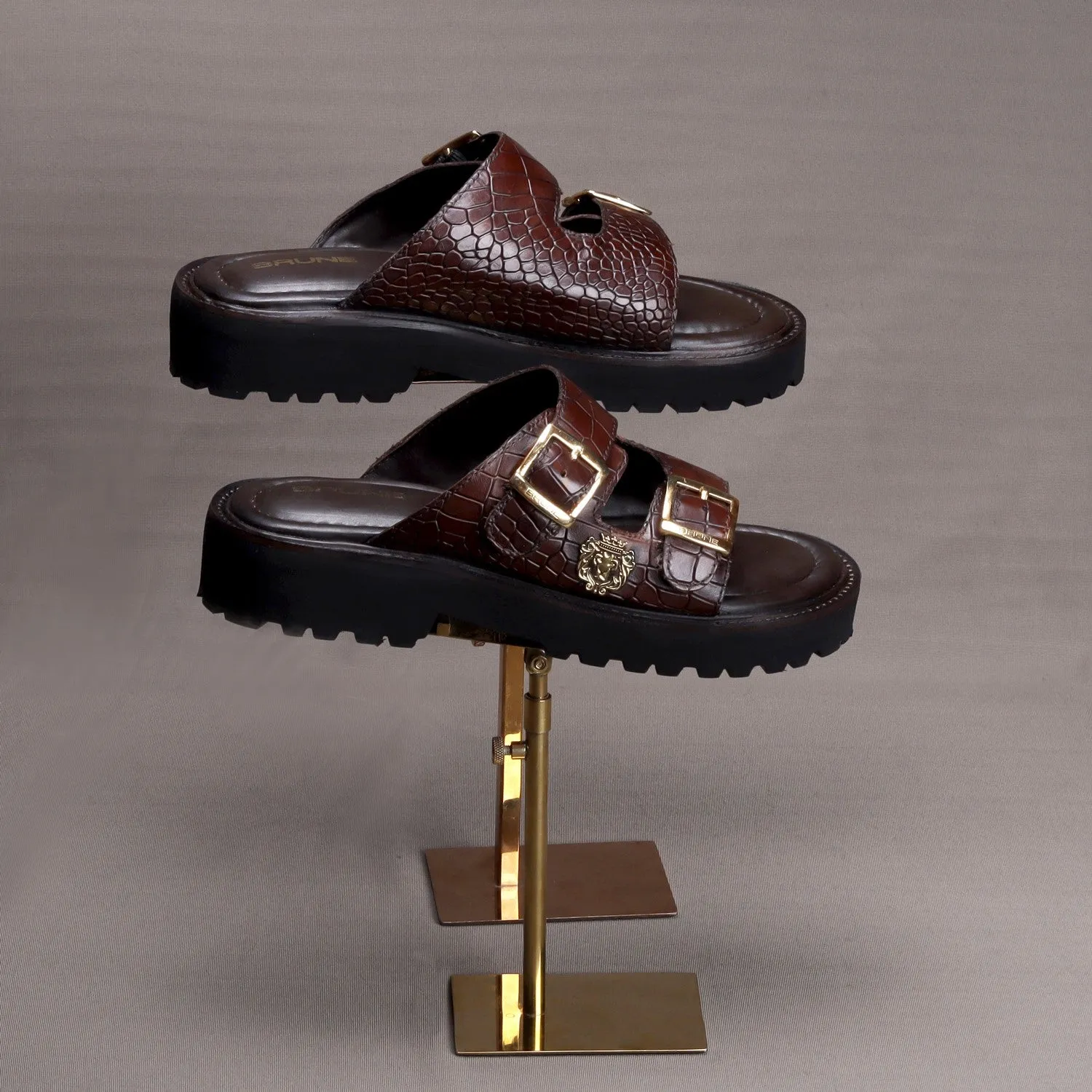 Lug Sole Slide-in Slippers Dark Brown Cut Croco Textured Leather