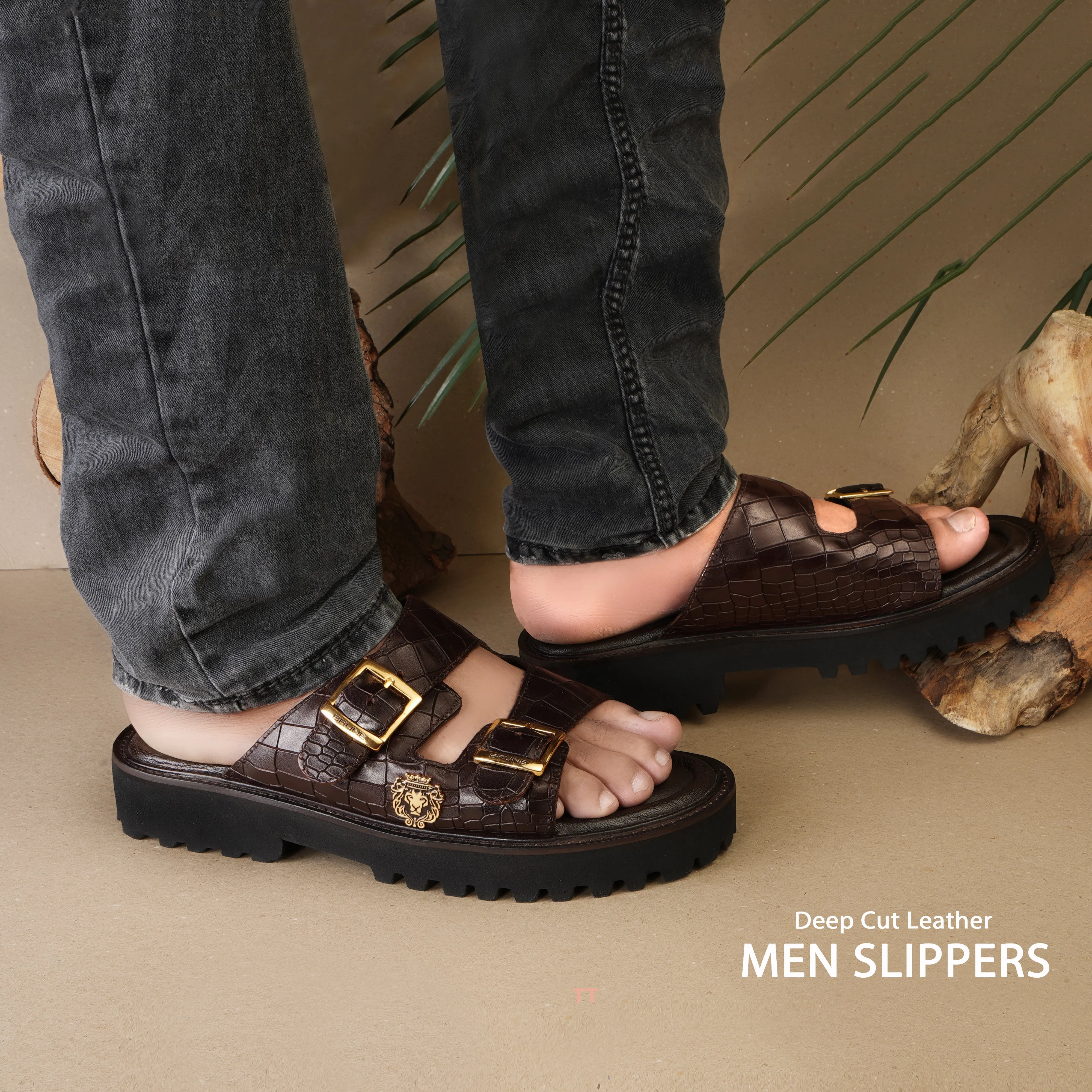 Lug Sole Slide-in Slippers Dark Brown Cut Croco Textured Leather
