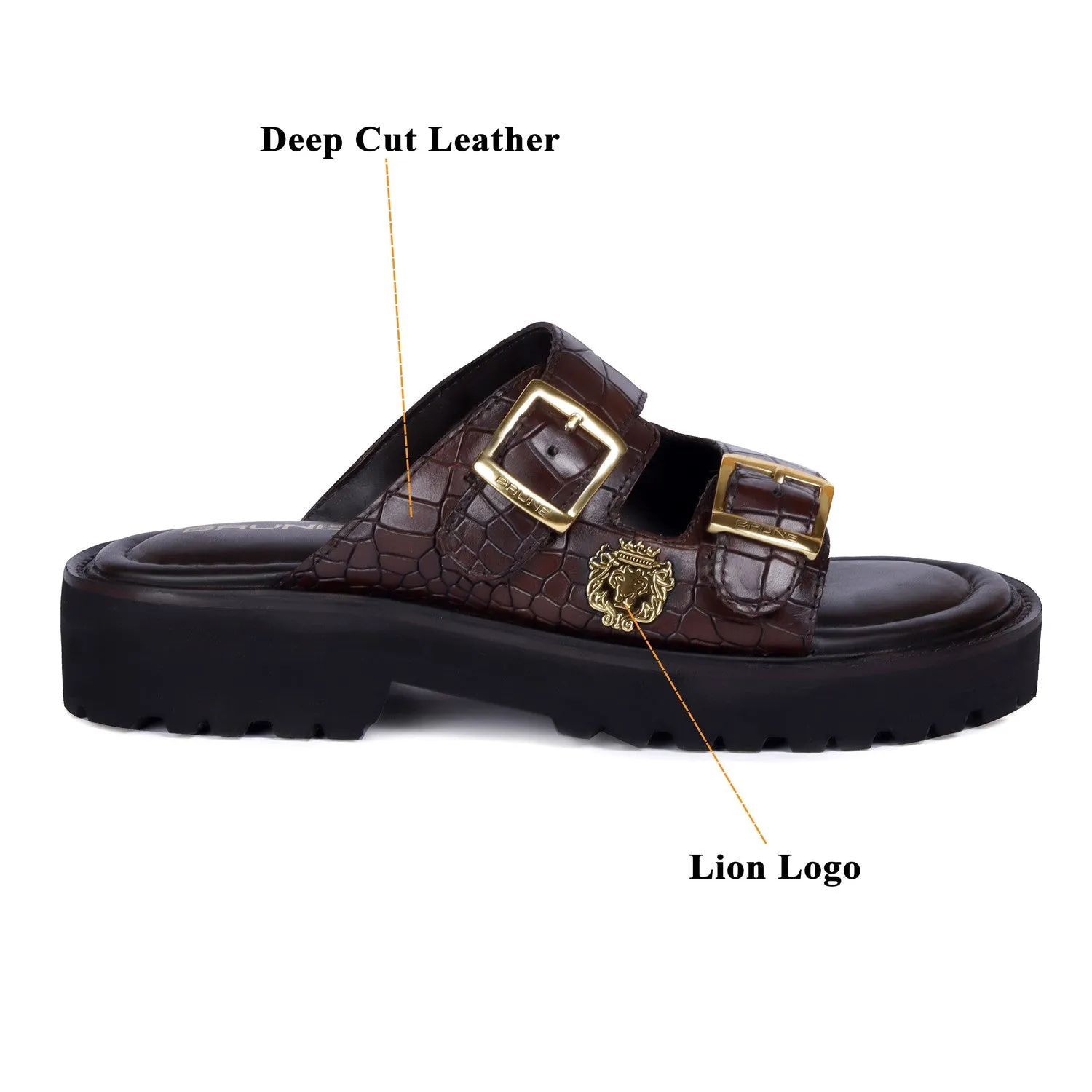Lug Sole Slide-in Slippers Dark Brown Cut Croco Textured Leather
