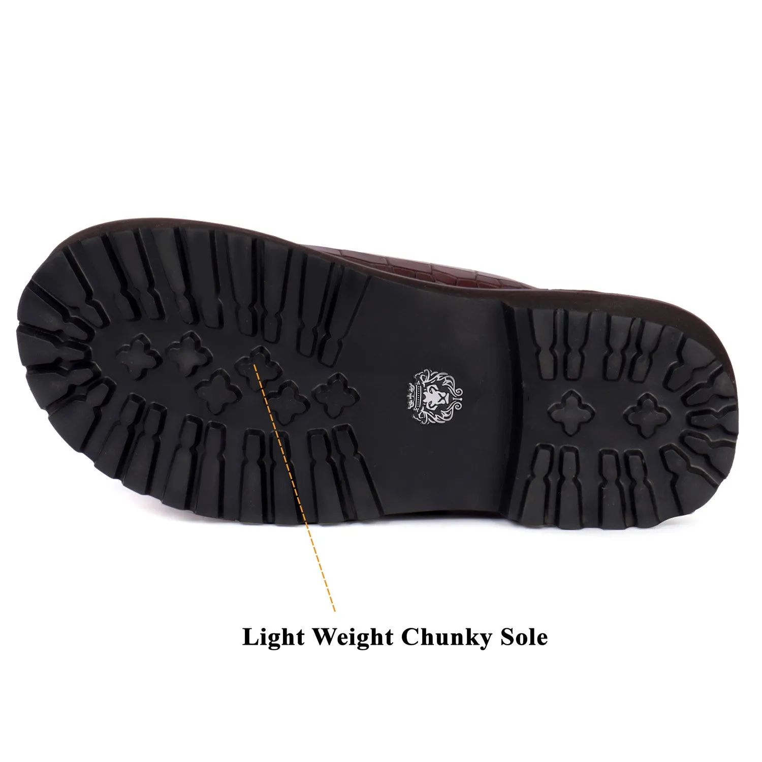 Lug Sole Slide-in Slippers Dark Brown Cut Croco Textured Leather