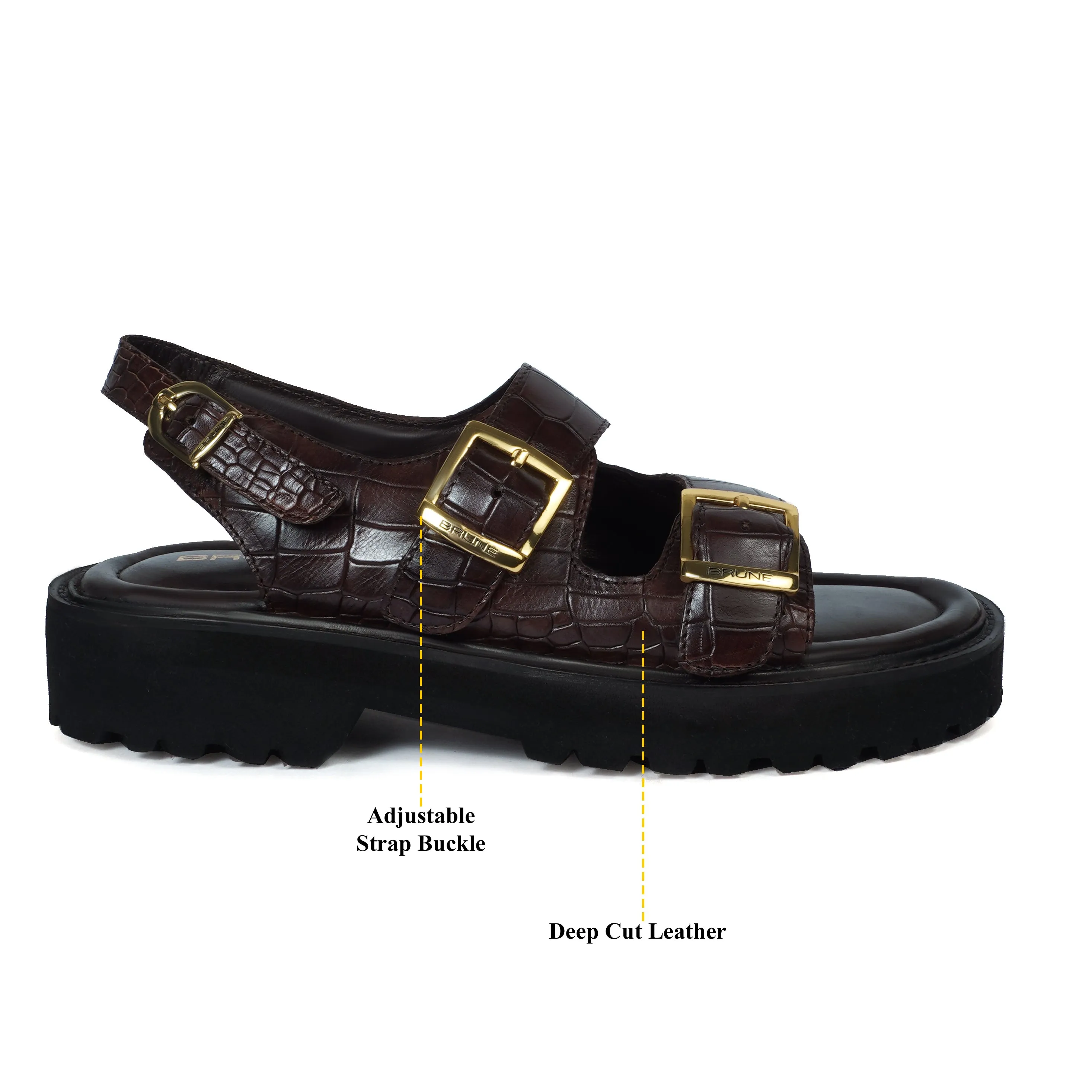 Men's chunky sole sandals in Dark Brown Deep Cut Leather