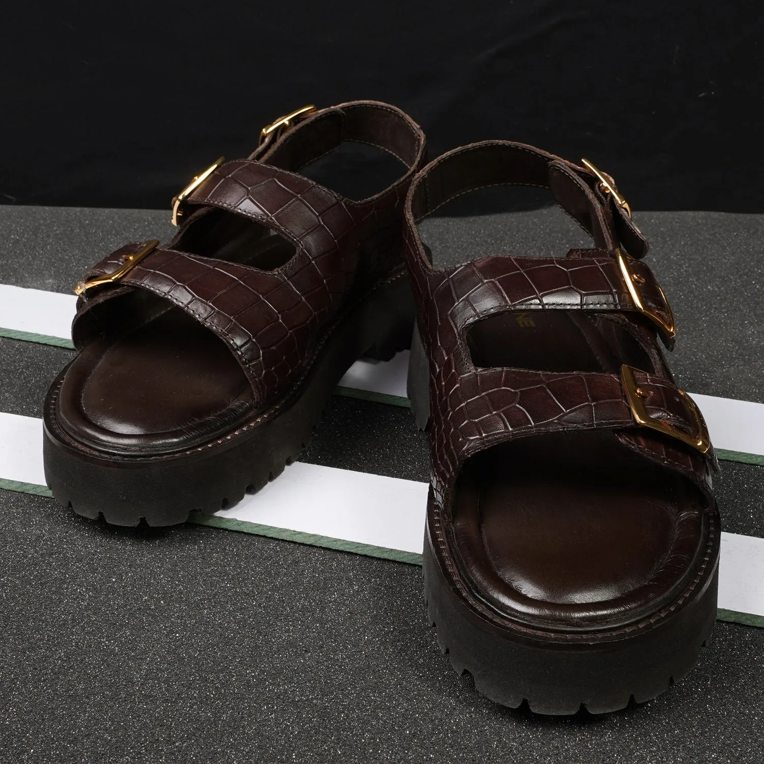 Men's chunky sole sandals in Dark Brown Deep Cut Leather