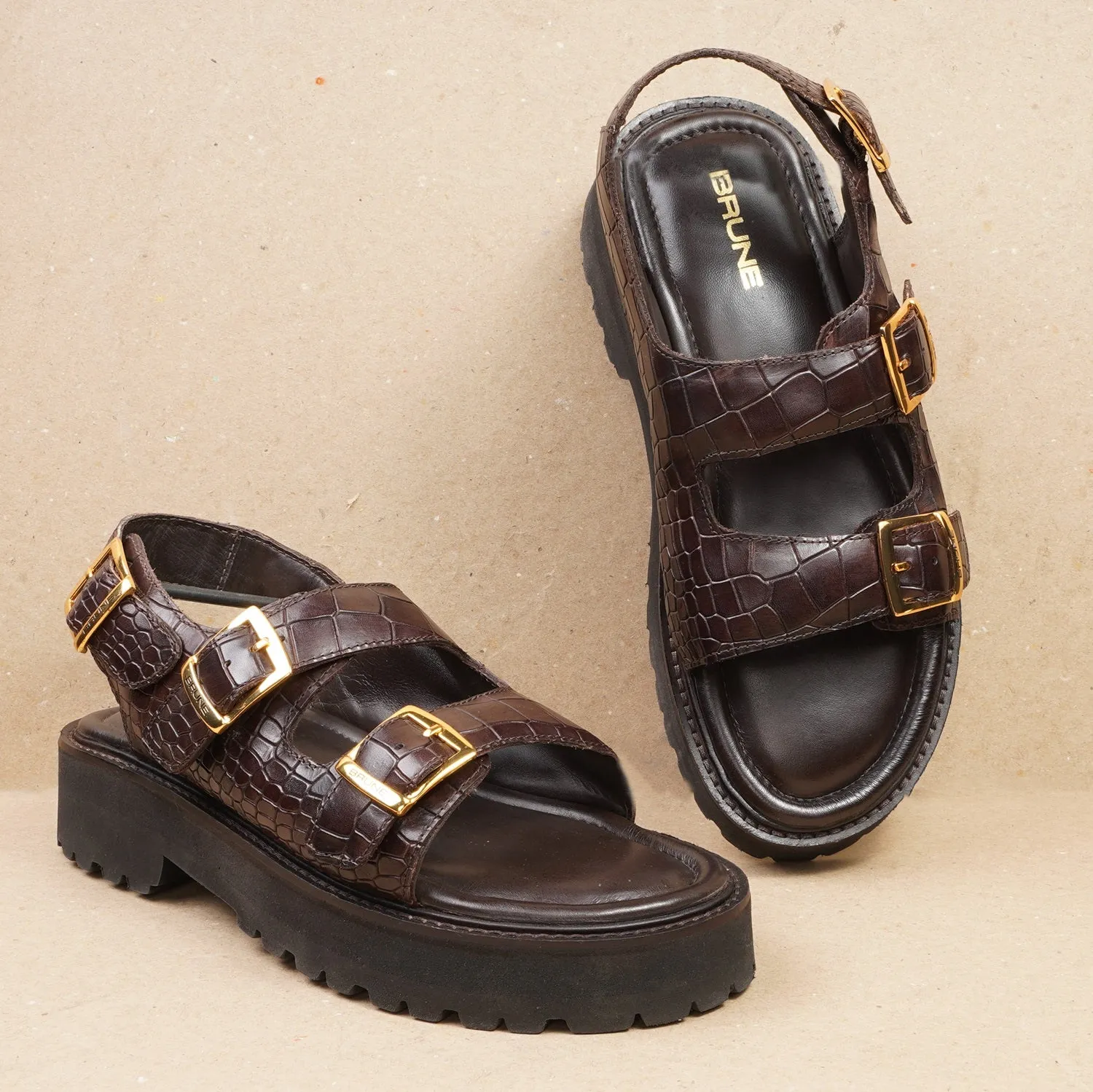 Men's chunky sole sandals in Dark Brown Deep Cut Leather