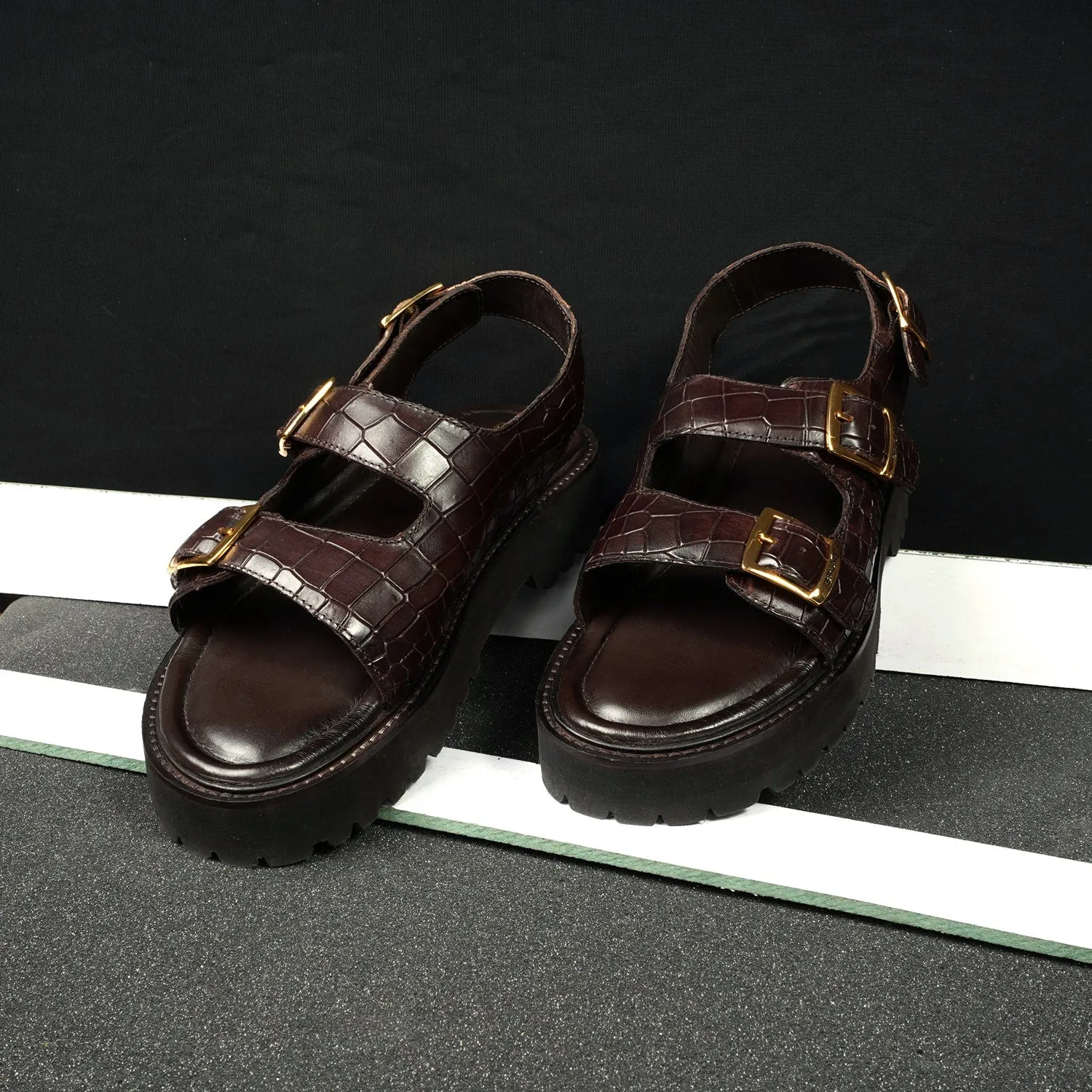 Men's chunky sole sandals in Dark Brown Deep Cut Leather
