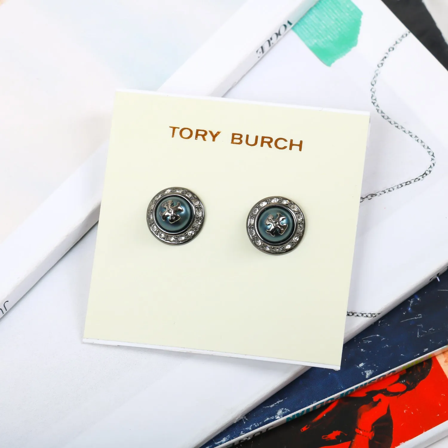 Natalie Pearl Gun Metal Gray Crystal Earring