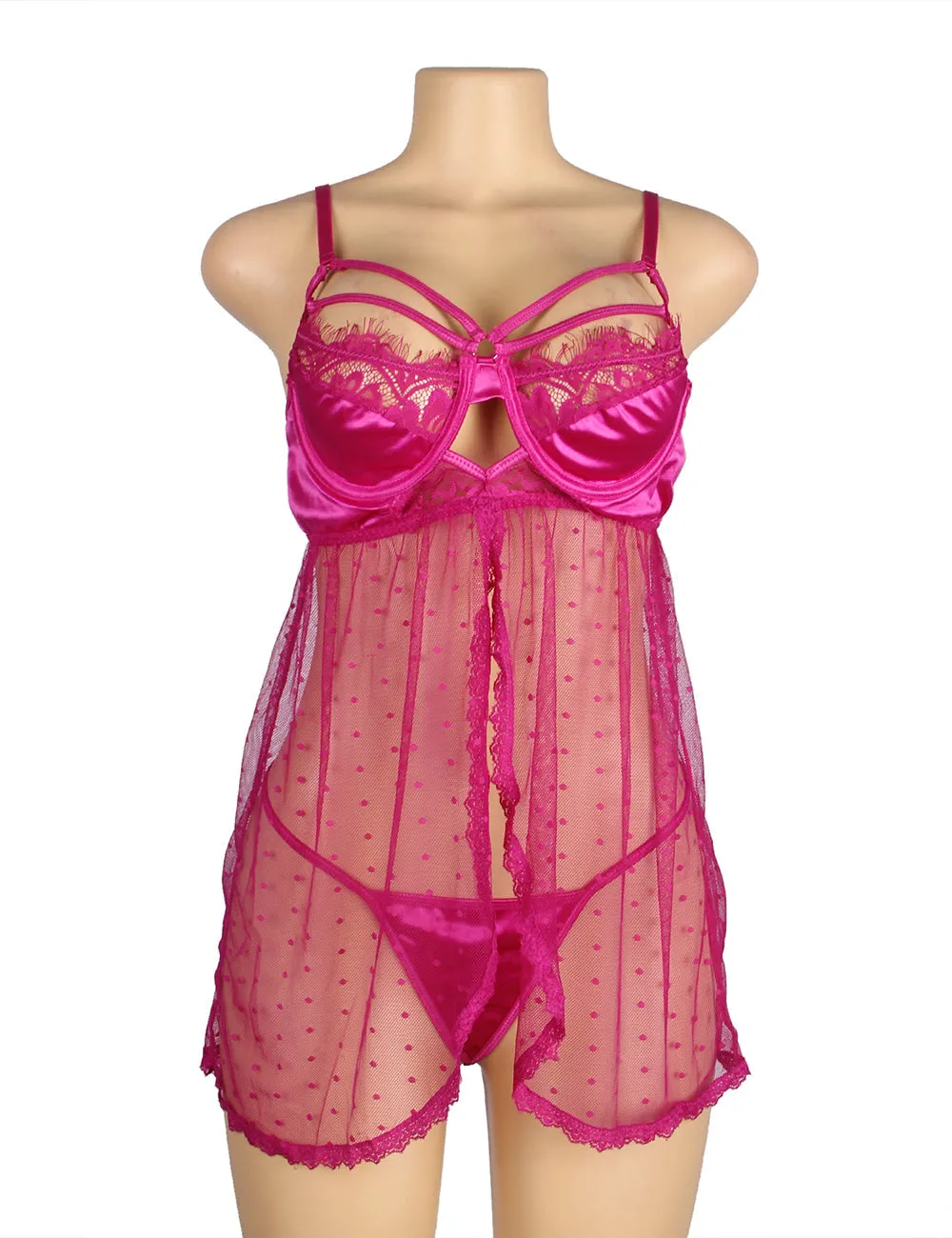 Purple Open Front Dot Patterns Comfortable Egypt Mesh Babydoll