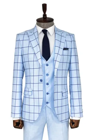 Slim Fit Patterned Light Blue Men Combination Suit - Wessi