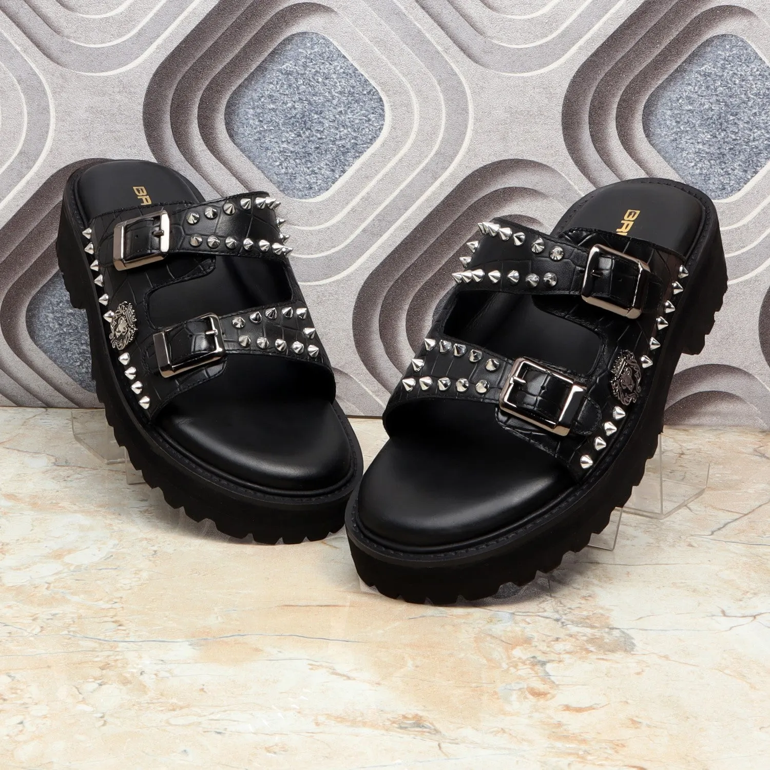 Studded Slide-in Slippers with Chunky Sole in Black Cut Croco Leather Detailing