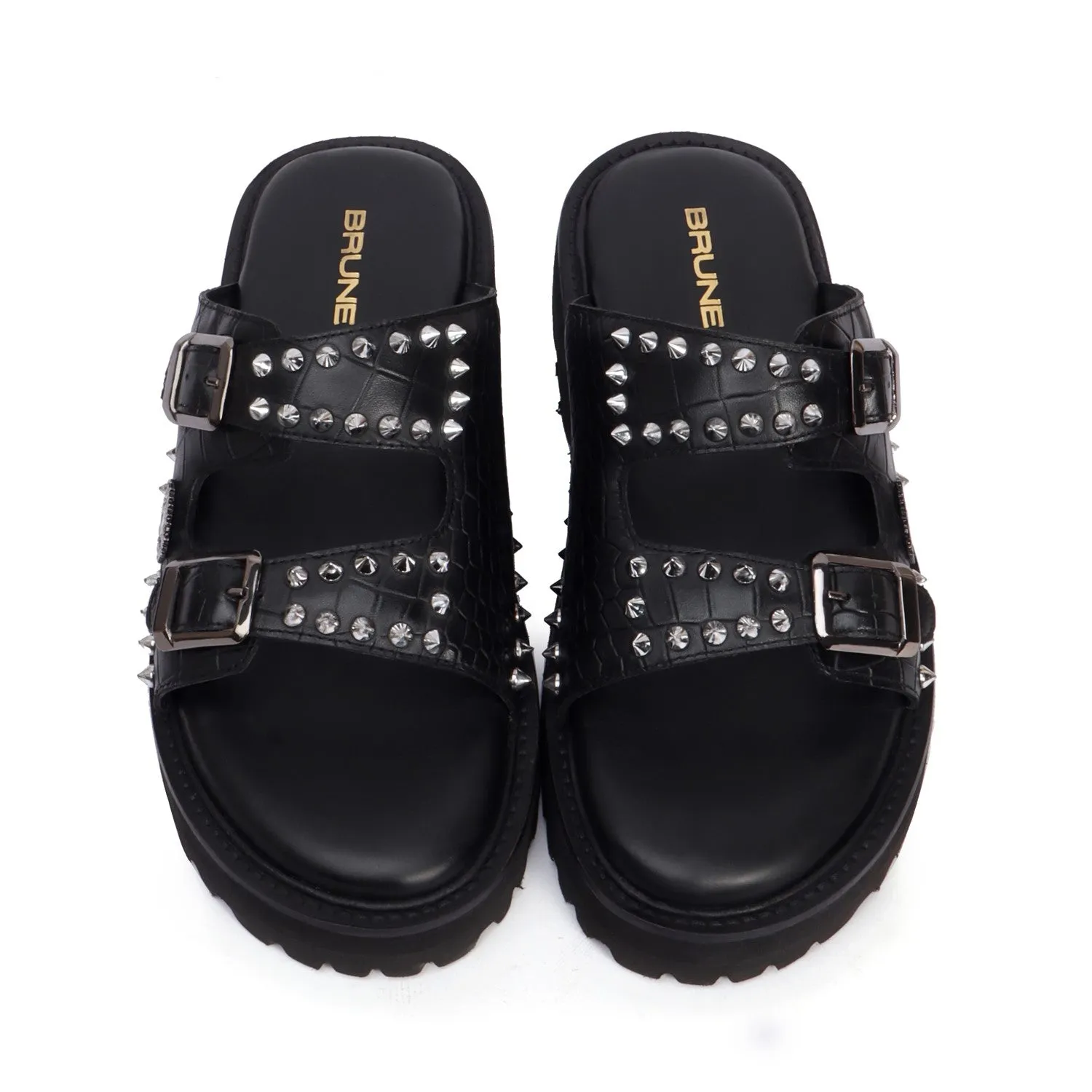 Studded Slide-in Slippers with Chunky Sole in Black Cut Croco Leather Detailing