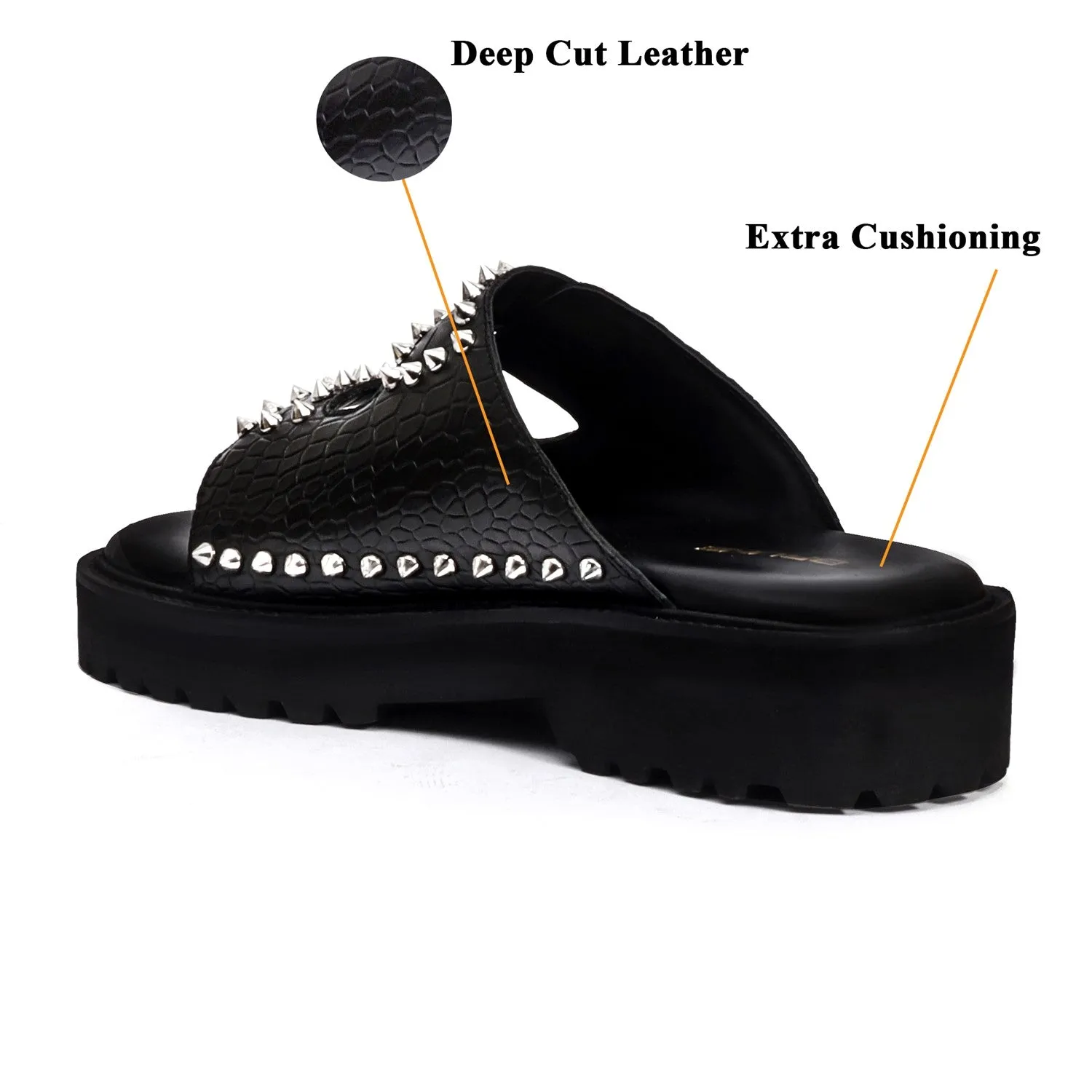Studded Slide-in Slippers with Chunky Sole in Black Cut Croco Leather Detailing