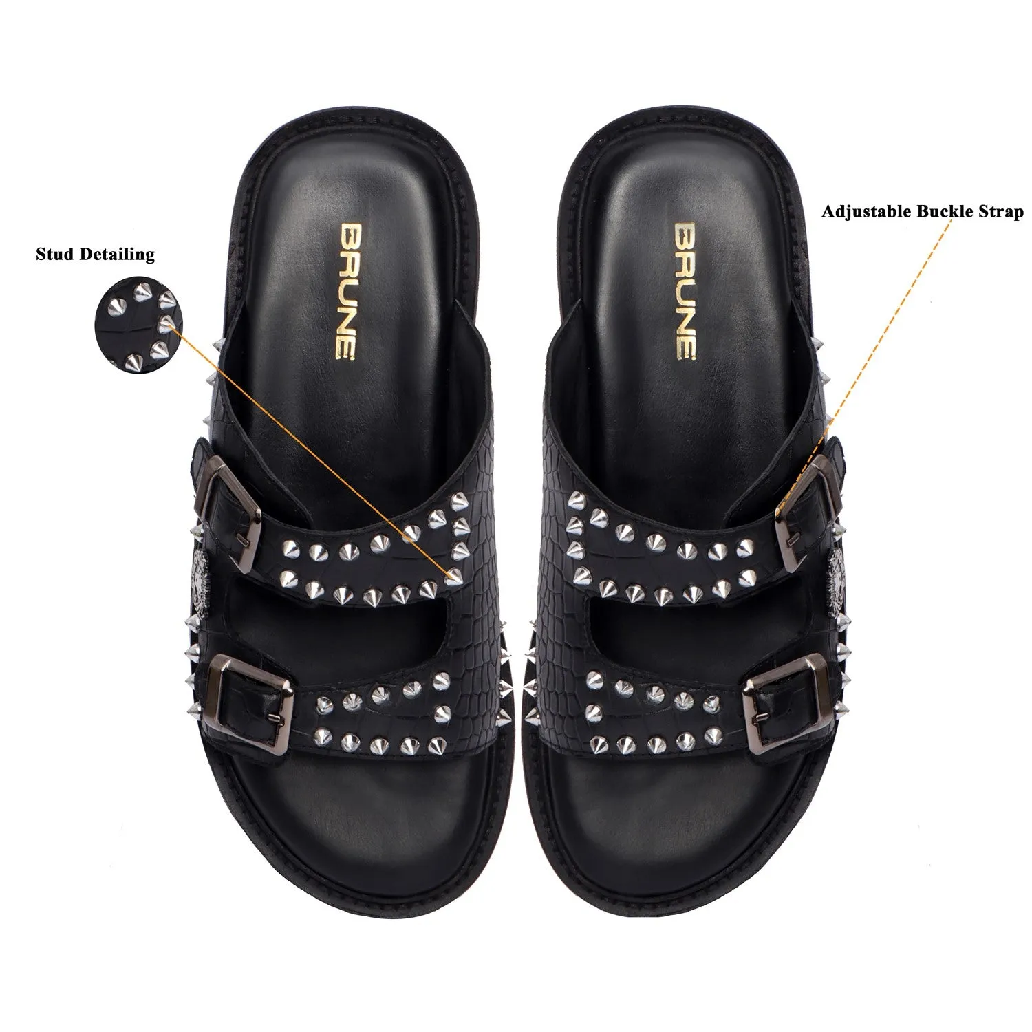 Studded Slide-in Slippers with Chunky Sole in Black Cut Croco Leather Detailing