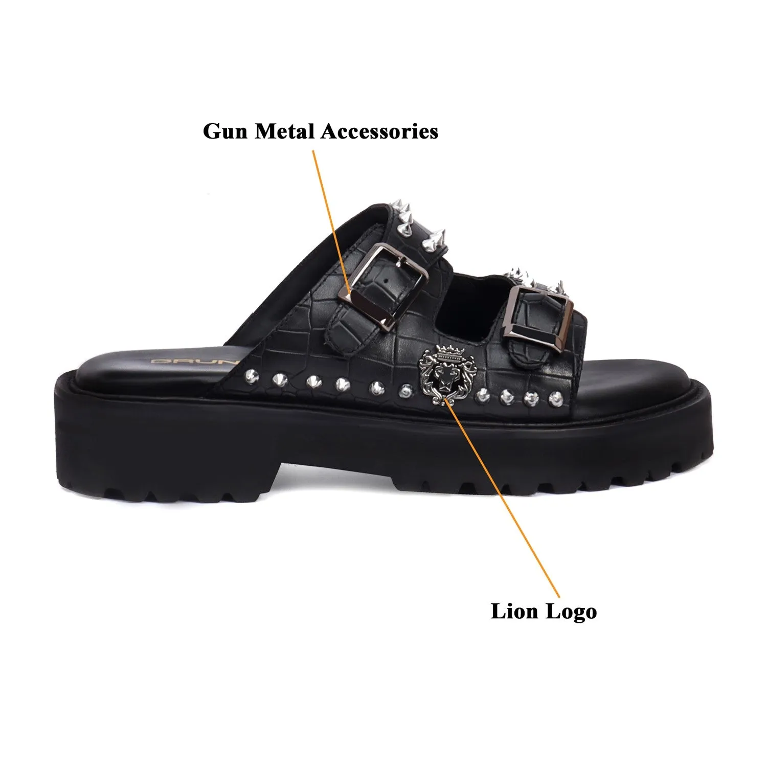 Studded Slide-in Slippers with Chunky Sole in Black Cut Croco Leather Detailing