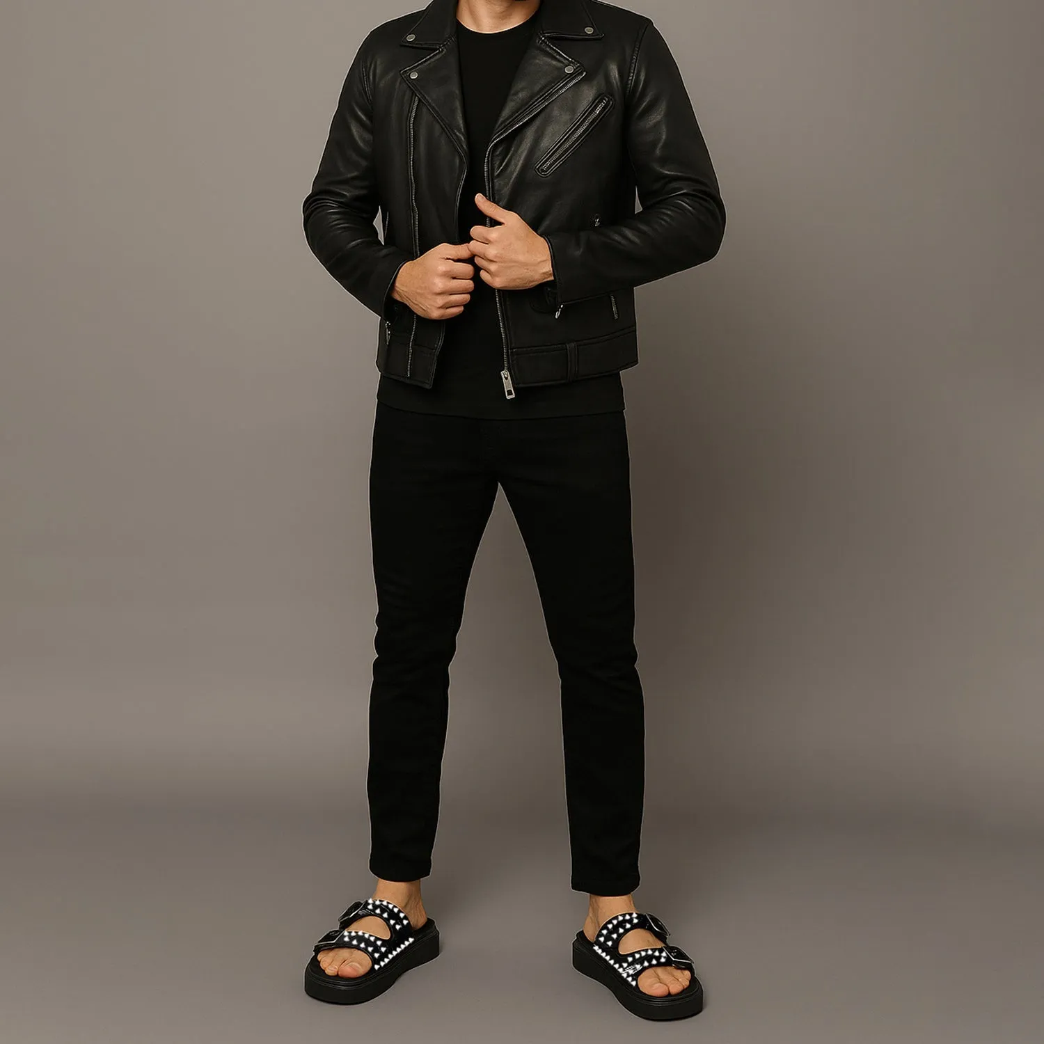 Studded Slide-in Slippers with Chunky Sole in Black Cut Croco Leather Detailing
