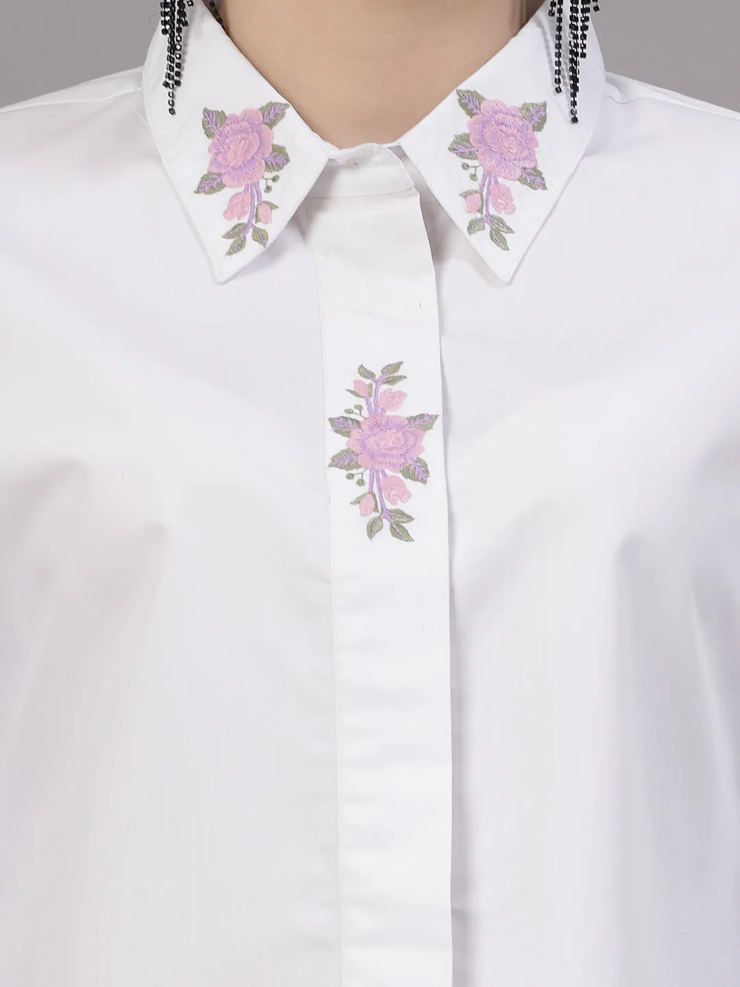 Style Quotient Women embroidered white polycotton regular smart casual shirt