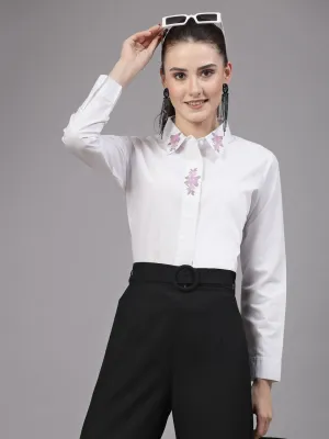 Style Quotient Women embroidered white polycotton regular smart casual shirt