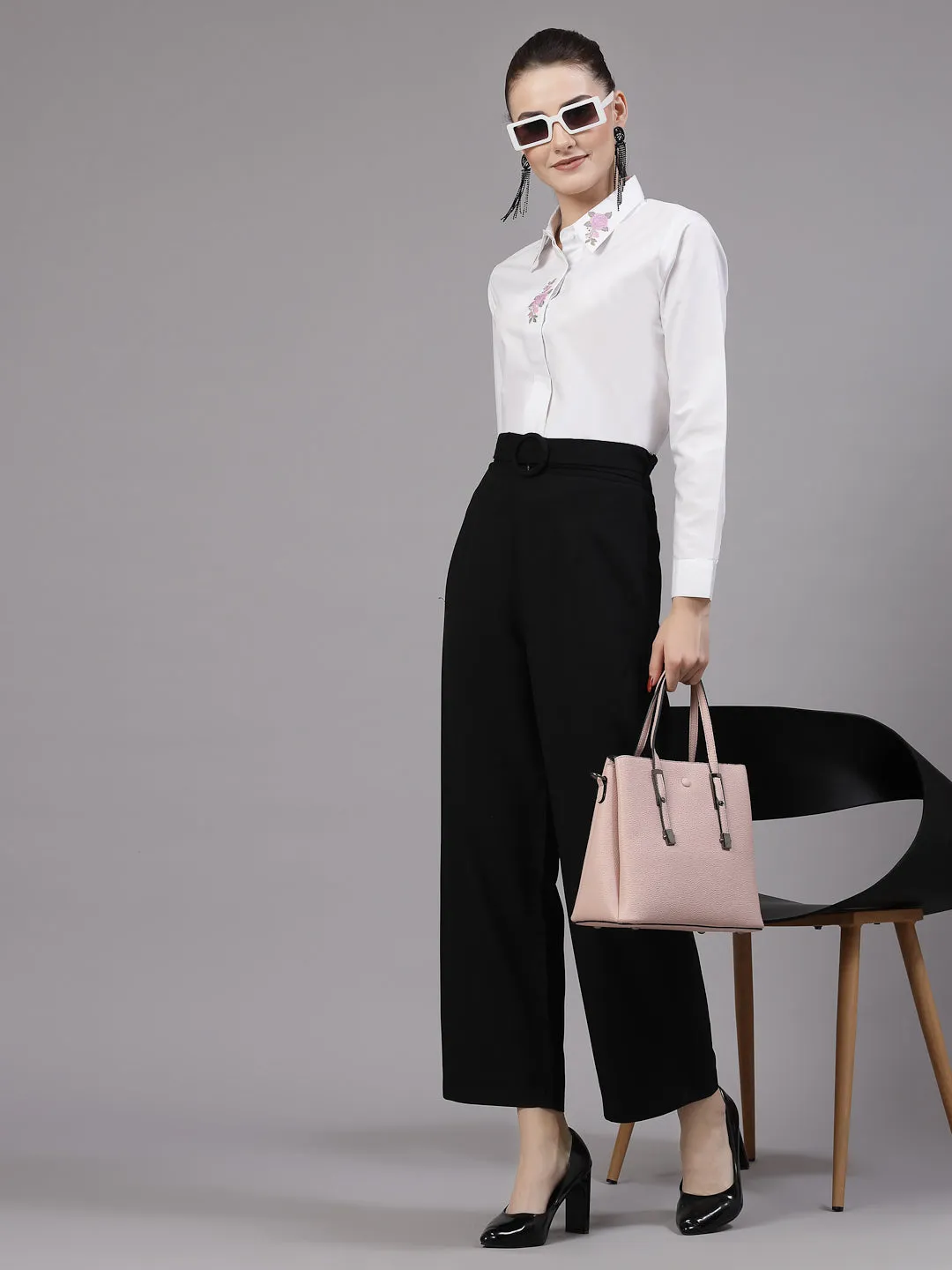 Style Quotient Women embroidered white polycotton regular smart casual shirt
