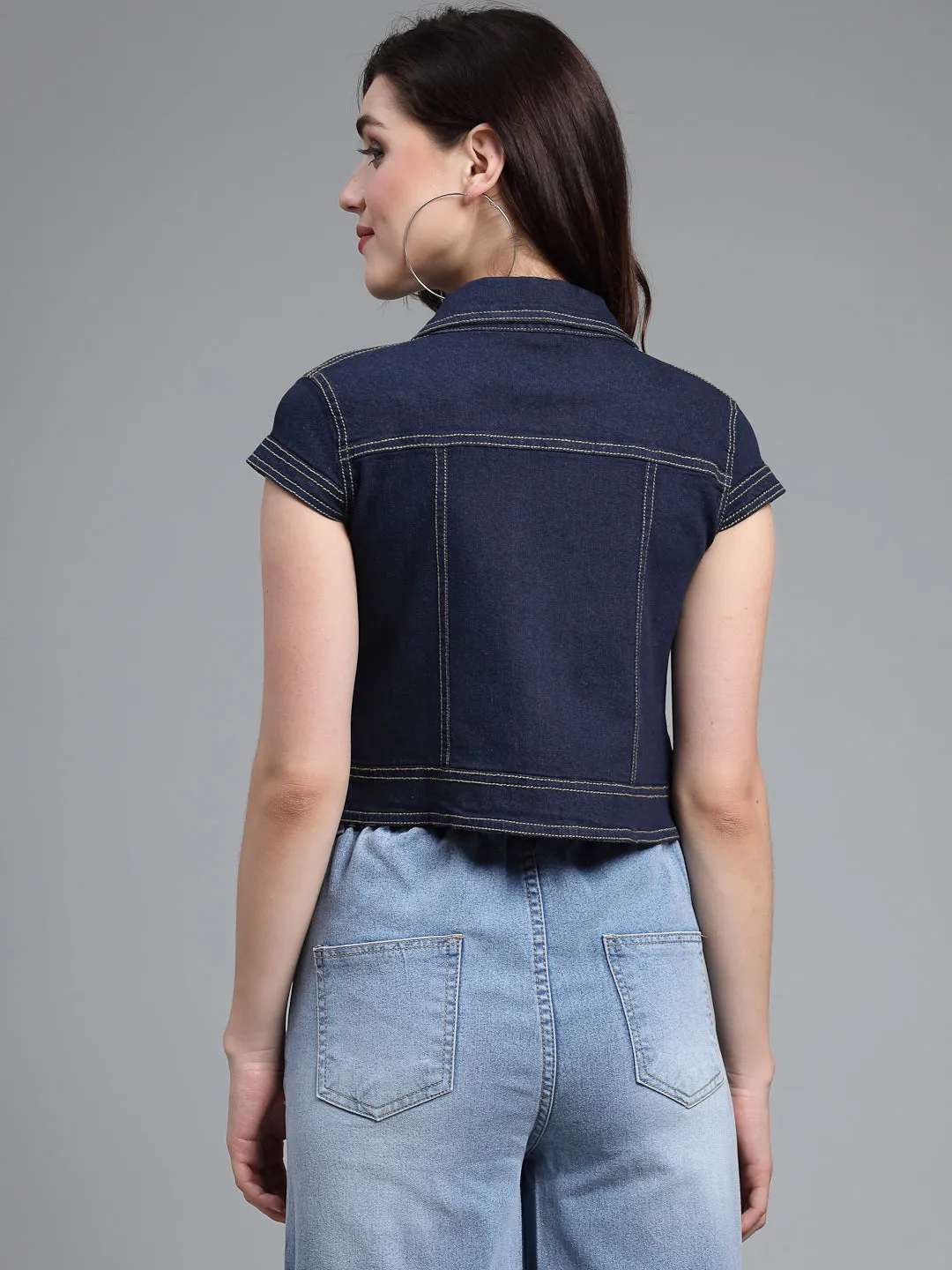 Style Quotient Women Navy Blue Denim Open Front Regular Shrug