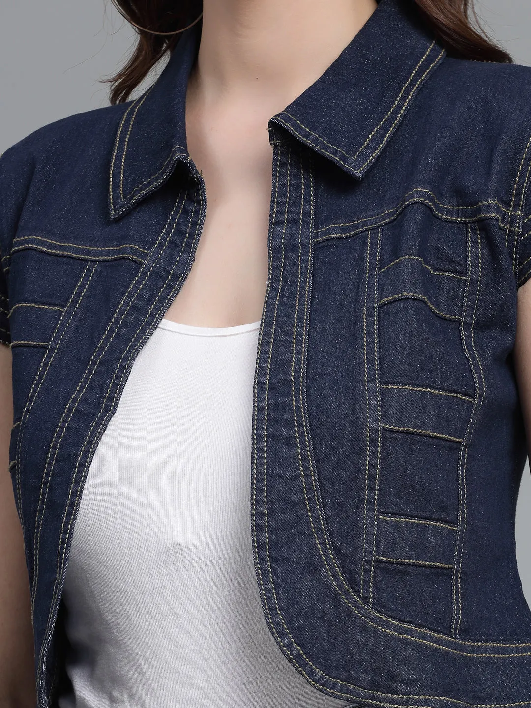 Style Quotient Women Navy Blue Denim Open Front Regular Shrug