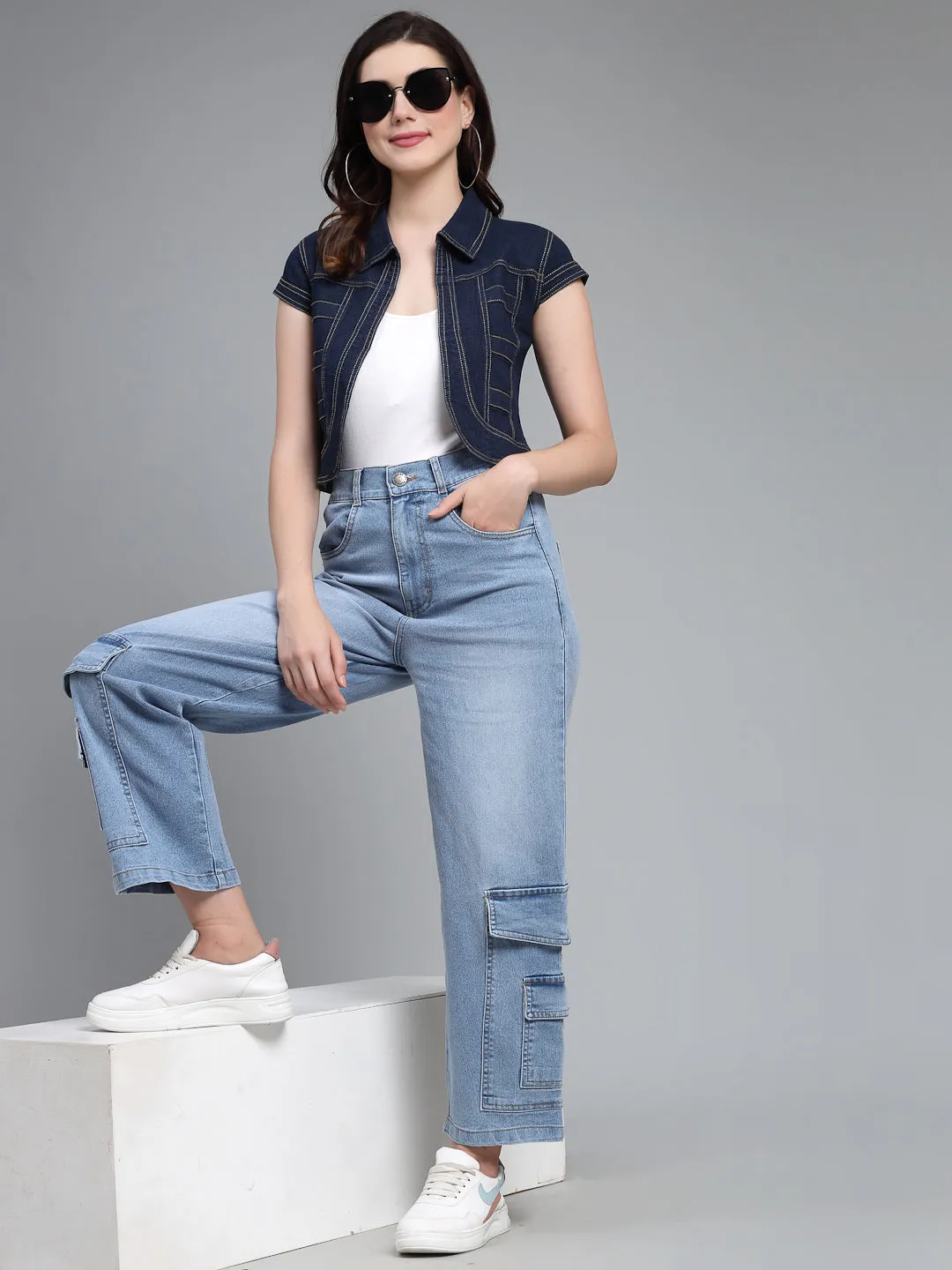 Style Quotient Women Navy Blue Denim Open Front Regular Shrug