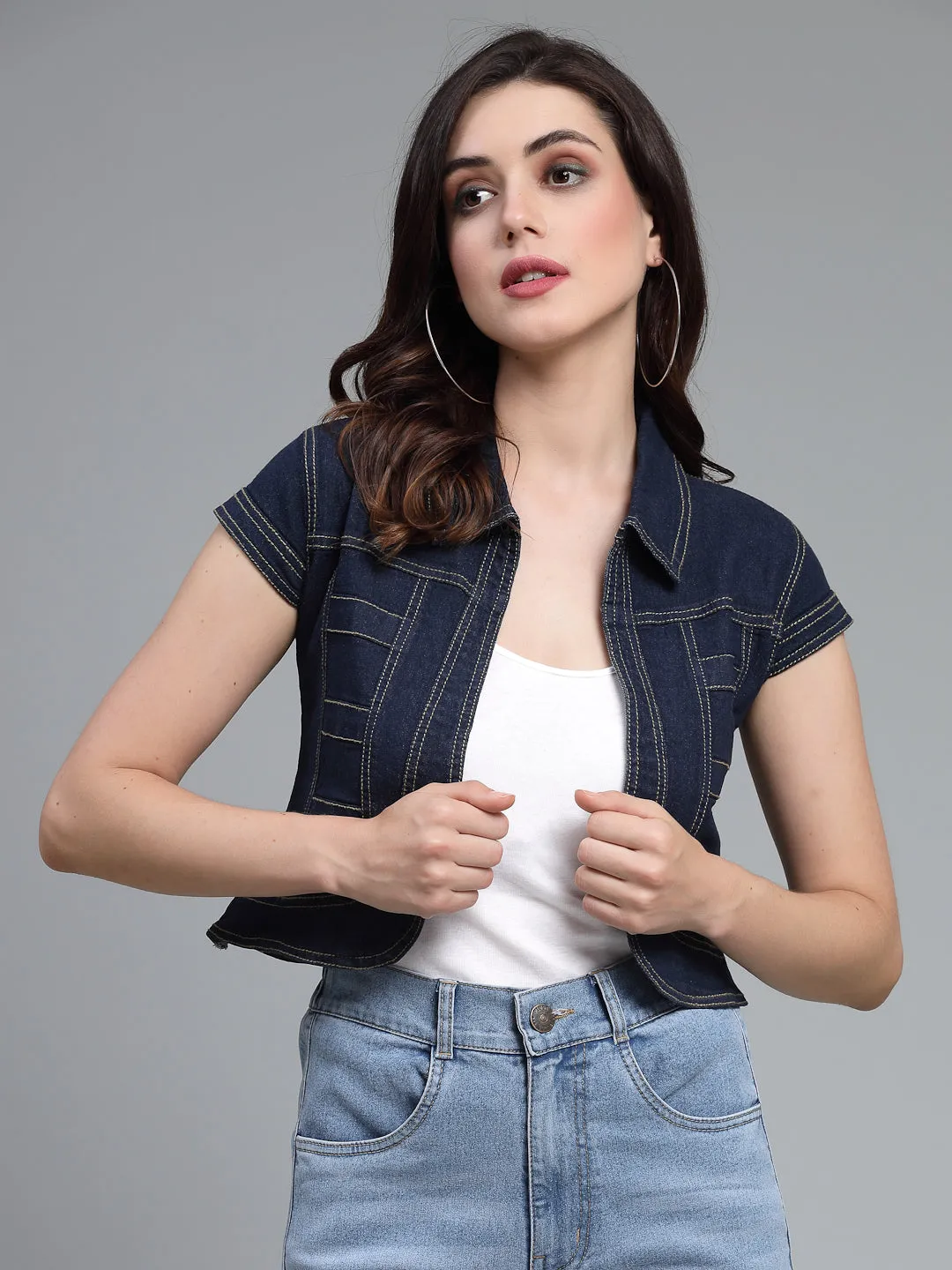 Style Quotient Women Navy Blue Denim Open Front Regular Shrug