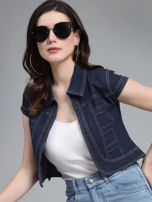 Style Quotient Women Navy Blue Denim Open Front Regular Shrug