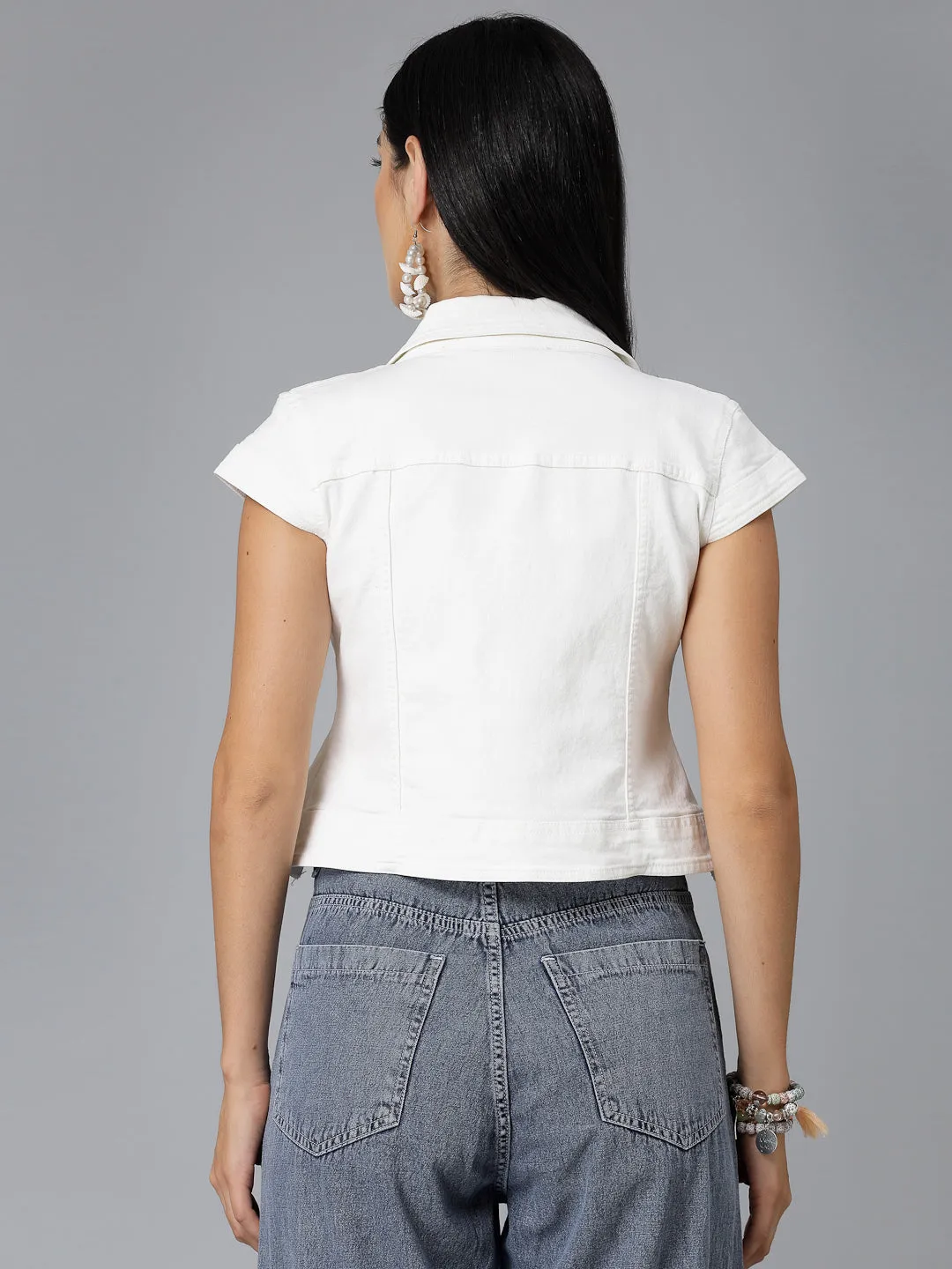Style Quotient Women Off White Denim Open Front Regular Shrug