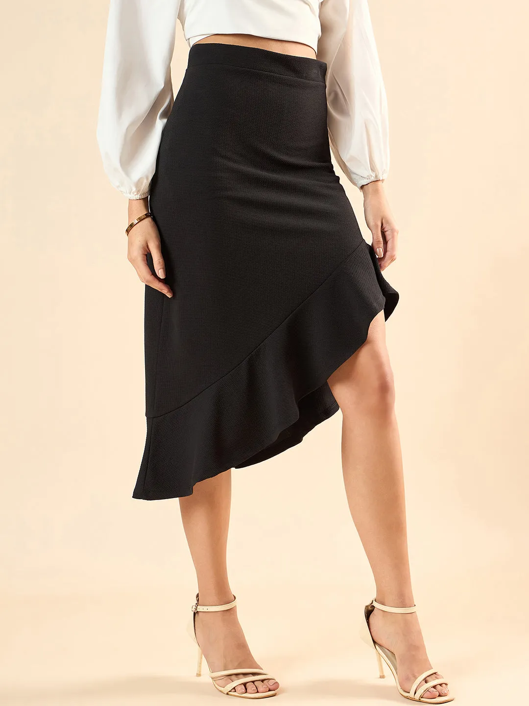 Style Quotient Women Solid Black Polyknit Regular Fit Smart Casual Asymmetric Skirt