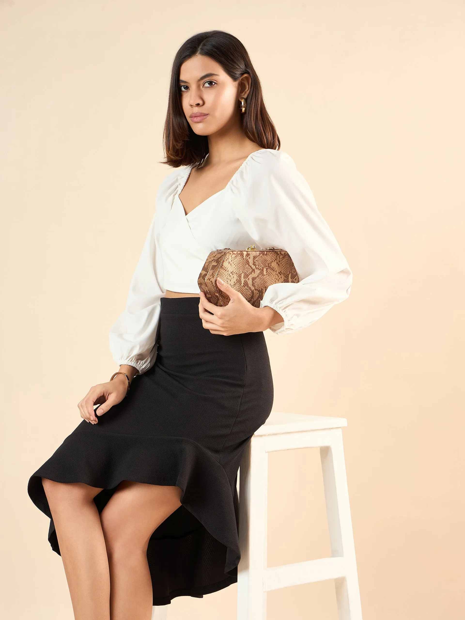 Style Quotient Women Solid Black Polyknit Regular Fit Smart Casual Asymmetric Skirt