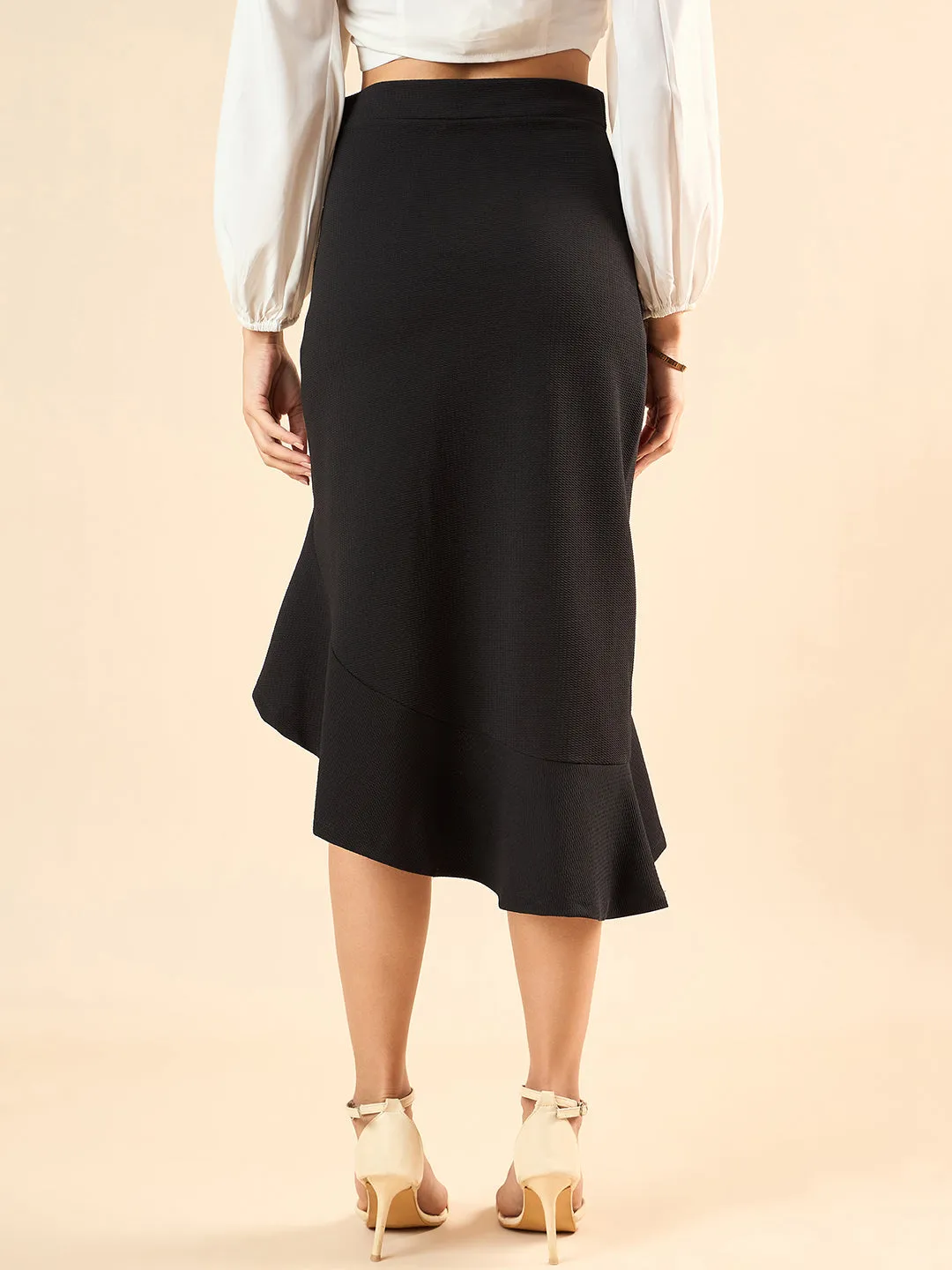 Style Quotient Women Solid Black Polyknit Regular Fit Smart Casual Asymmetric Skirt